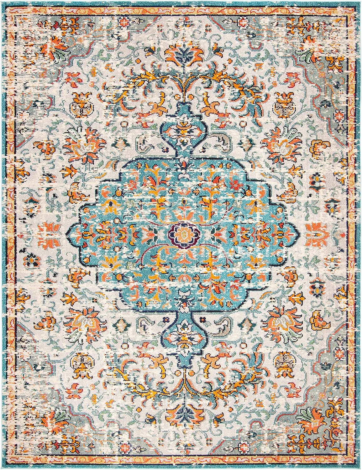 SAFAVIEH Madison Collection Area Rug - 9' x 12', Grey & Light Blue, Boho Chic Medallion Distressed Design, Non-Shedding & Easy Care, Ideal for High Traffic Areas in Living Room, Bedroom (MAD447F)