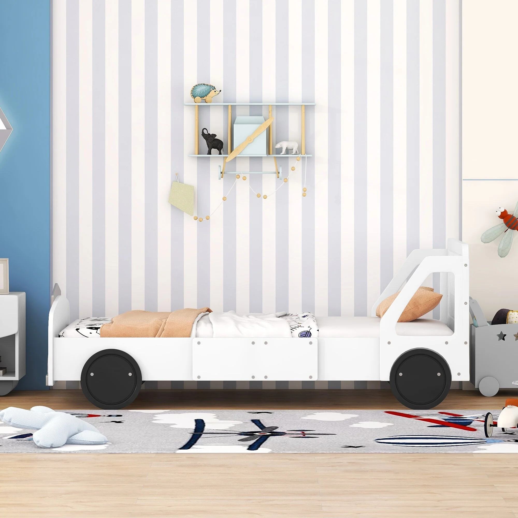 Twin Size White Wood Car-shaped Low Platform Bed