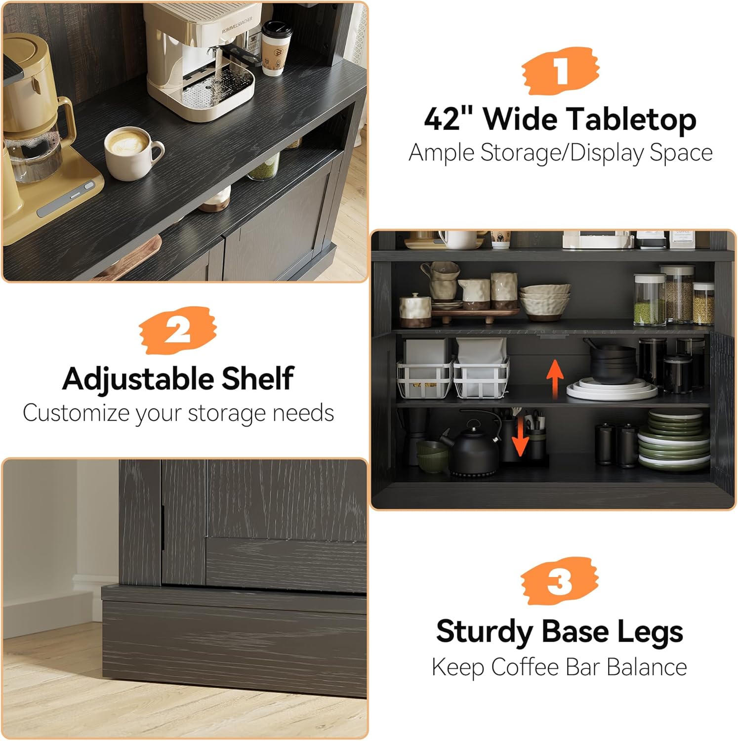 CABIHOME 72 Coffee Hutch Large Kitchen Sideboard，Farmhouse Coffee Bar Cabinet with Storage LED Buffet Cabinet with Wine Rack/Glass Shelf for Kitchen, Dining Room, Living Room(Black)
