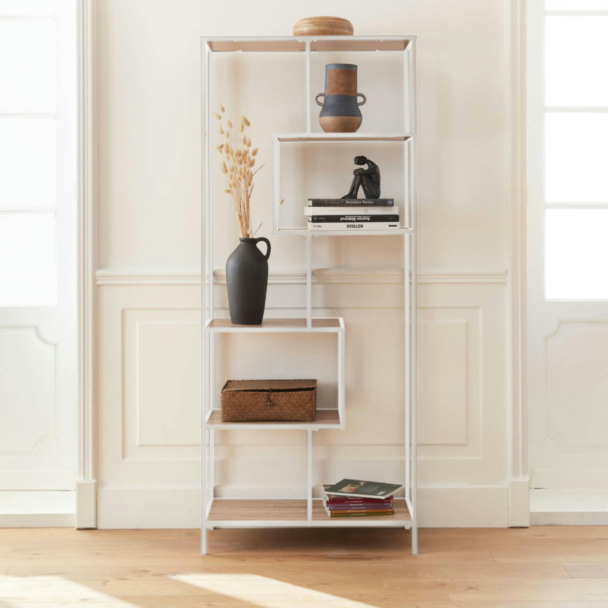 LOFT - Etagère asymétrique en métal blanc & décor bois