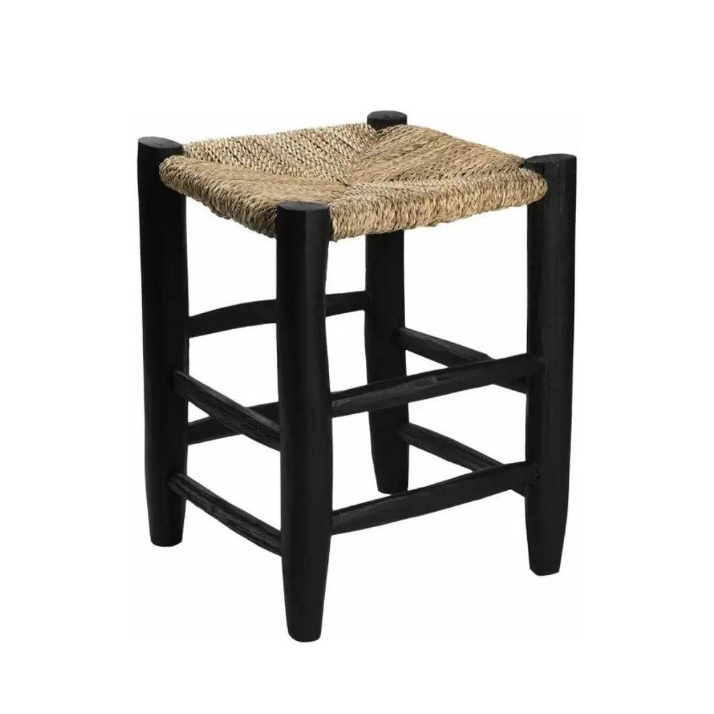 BEIGE - Tabouret couleur noir en bois et corde