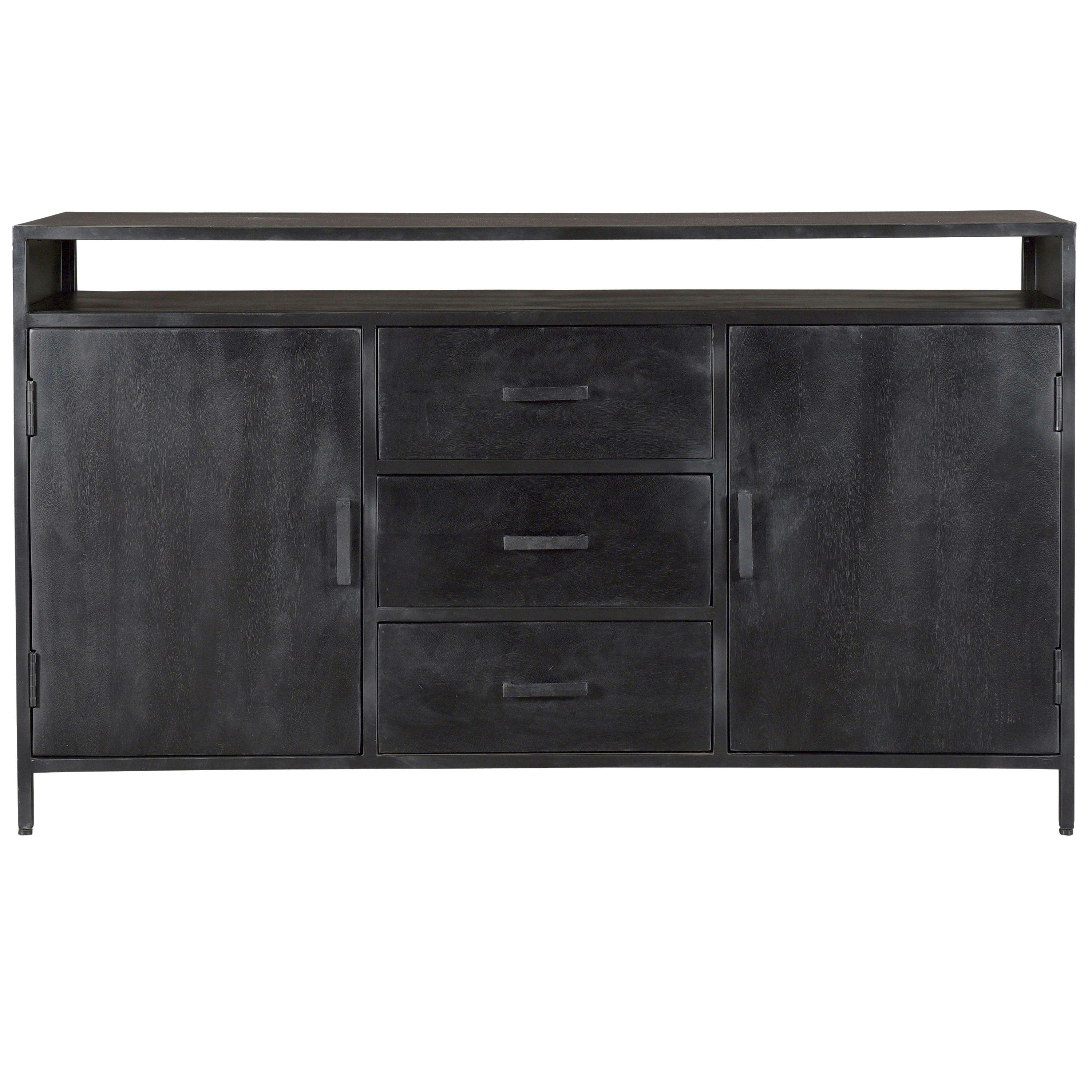 UZES - UZES-Bahut 2 portes 3 tiroirs L150 cm, Manguier massif noir et métal