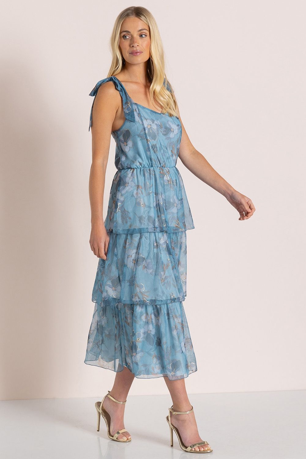 Klass. Floral Shimmer Tiered Mesh Midi Dress