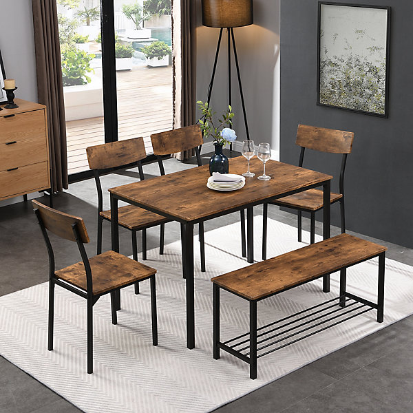 Ensemble Table, Chaises et Banc - 6 Pièces, Table 110x70 cm, Dossier Haut Confortable, Bois et Métal, Marron