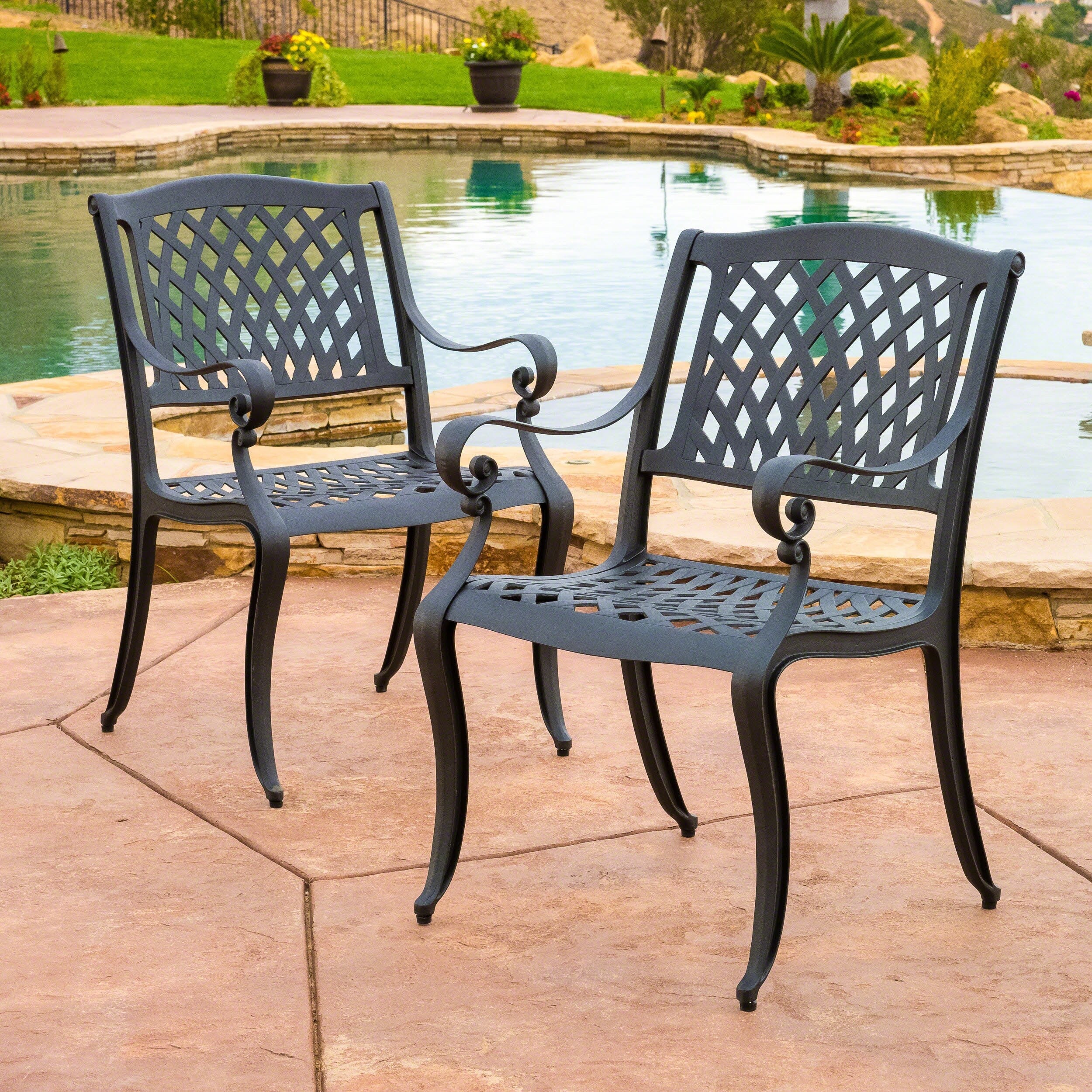Roomfitters Cast Aluminum Outdoor Chairs with Lattice Backrest & Armrests, Set of 2, Weather-Resistant, Black