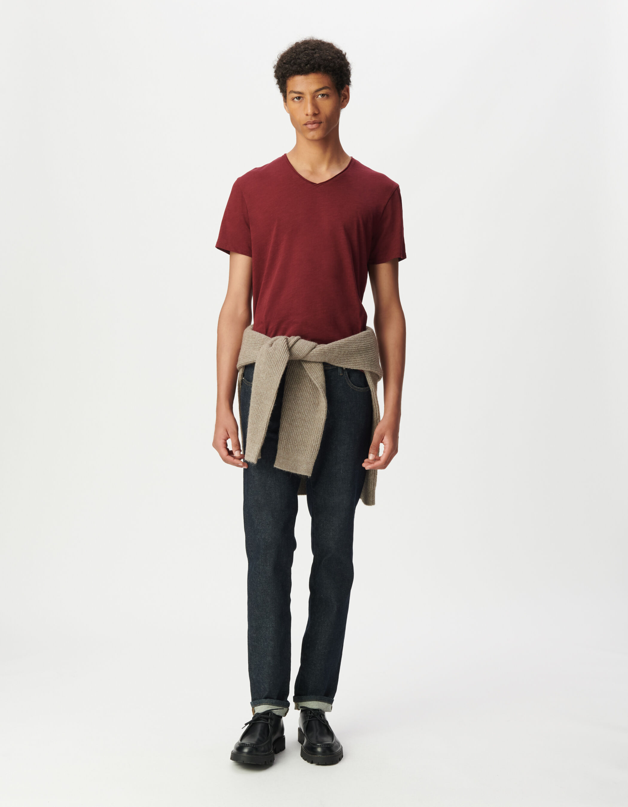 T-shirt encolure V bleu grisé coton bio flammé Homme