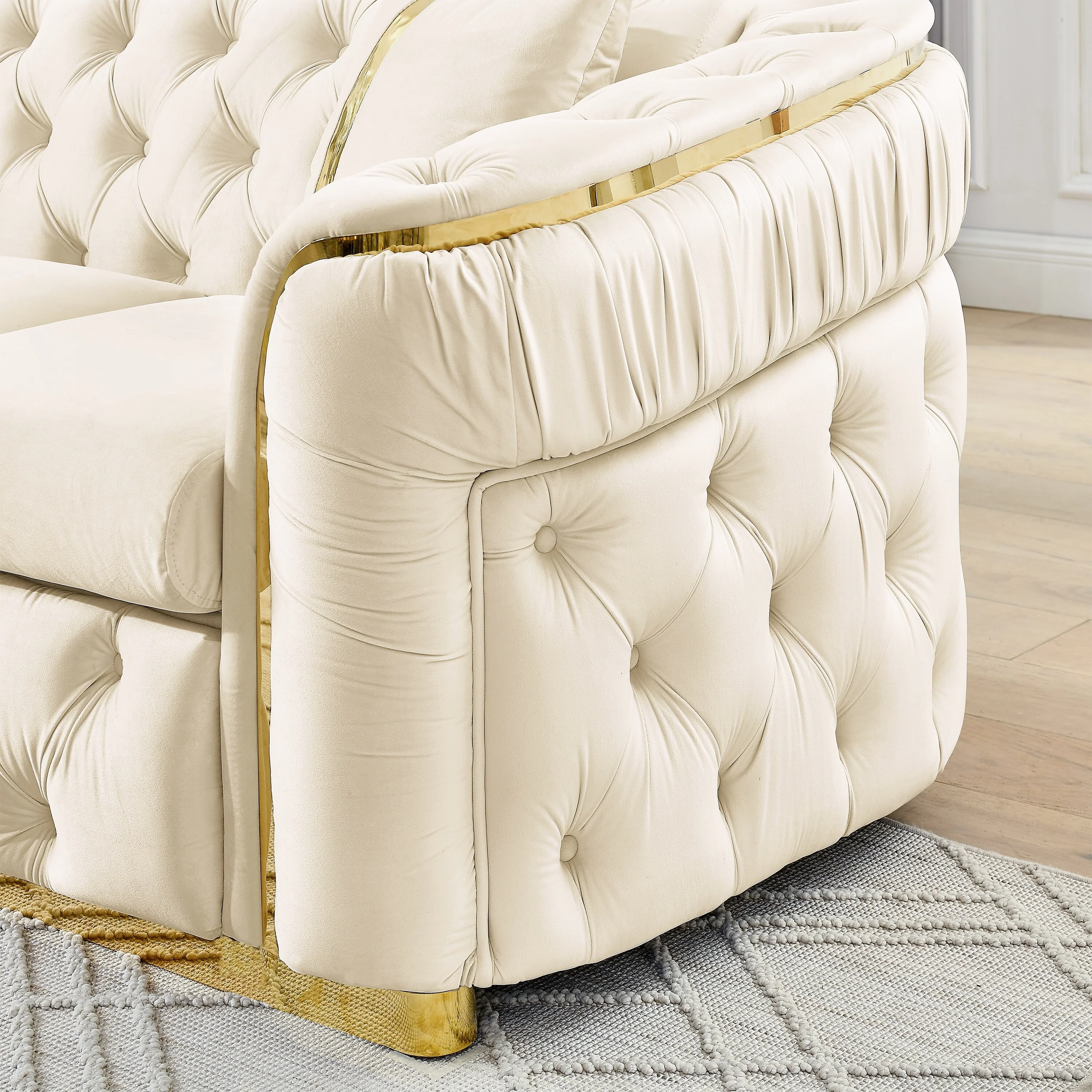 Velvet Button Tufted Sofa Couch With 2 Pillows, 3 Seater Luxury Chesterfield Sofa Set With Gold Stainless Steel Accents