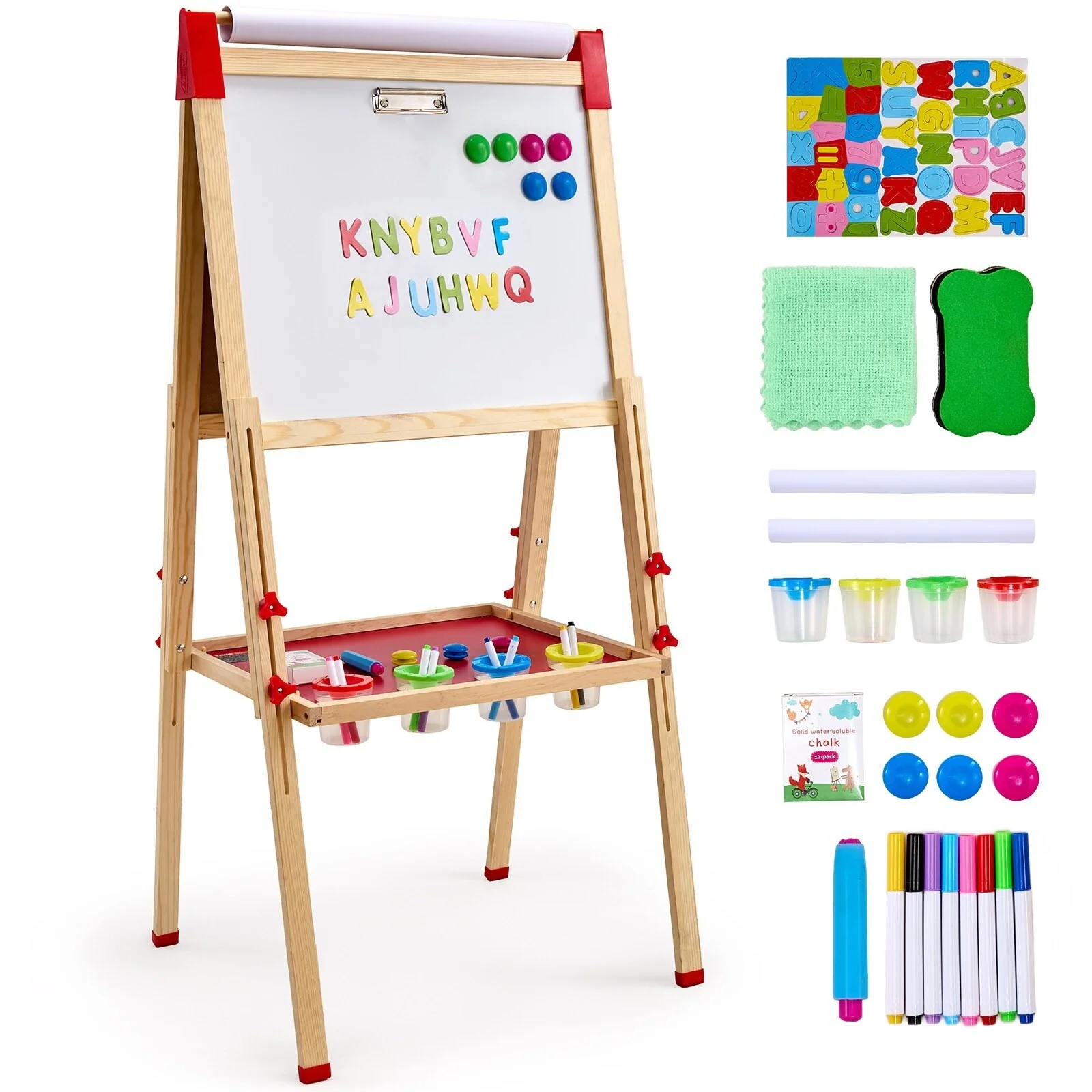 3-in-1 Kids Art Easel Double-Sided Wooden Magnetic Whiteboard Chalkboard - Multi