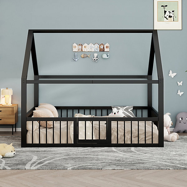 Lit Double 140x200 cm - Lit Enfant avec Barreaux de Sécurité et Petite Porte - Sans Matelas - Structure en Métal - Noir
