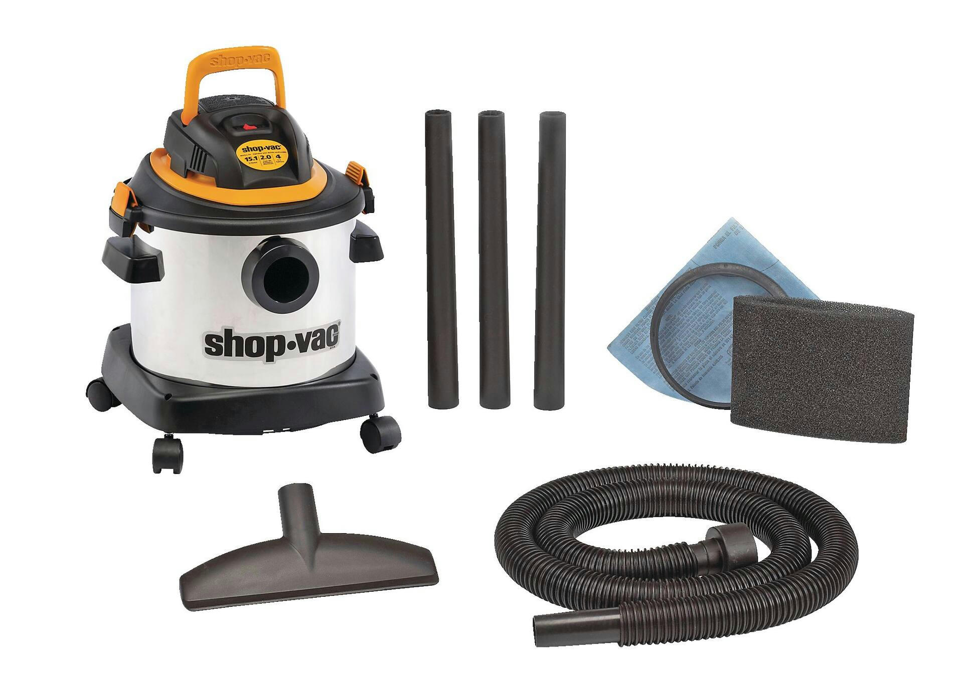 Shop-Vac® 2034448 2.0 Peak HP Stainless Steel Wet/Dry Shop Vacuum with Hose and Accessories, 15-L