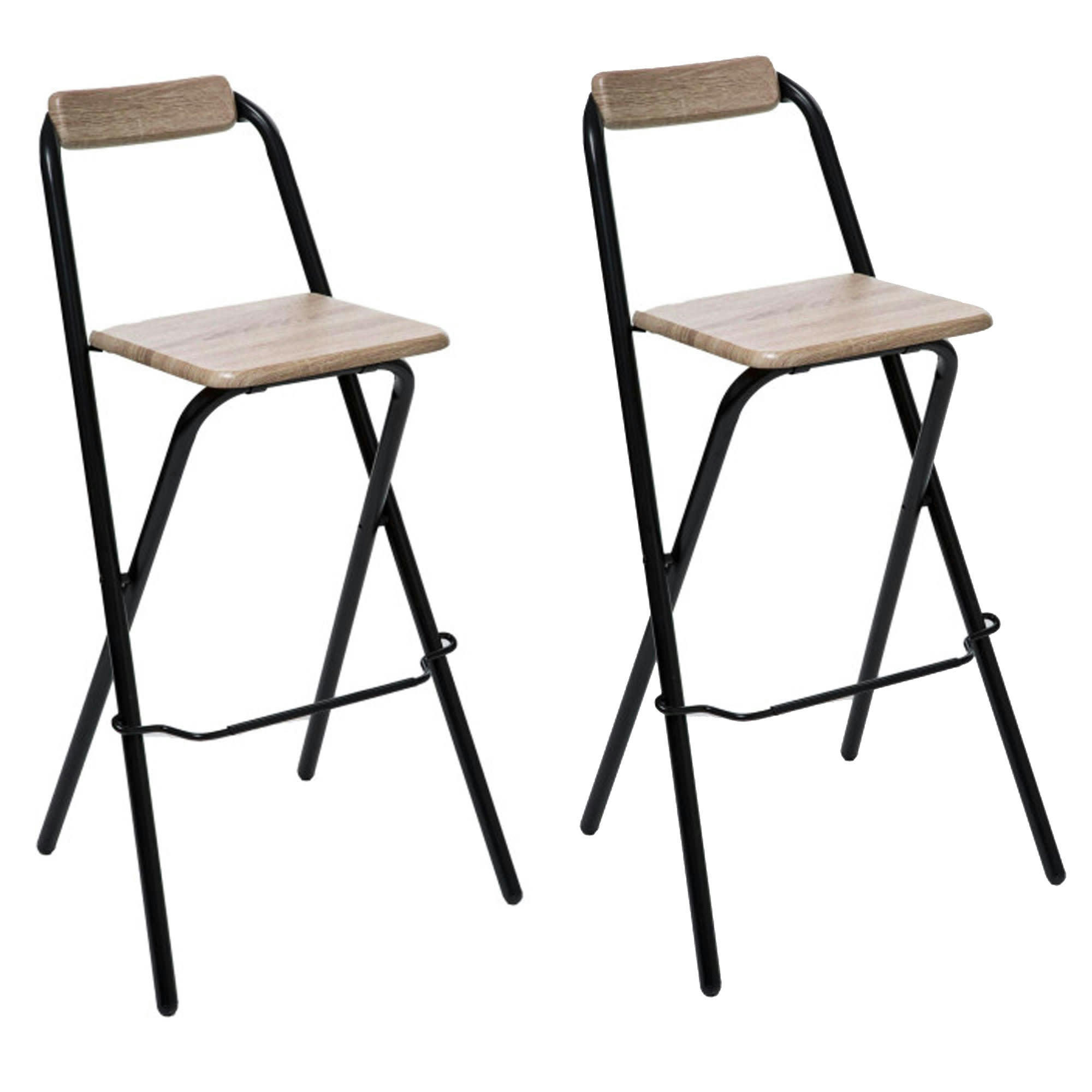 - Set de 2 Tabourets de bar bois et métal noir avec dossier pliable