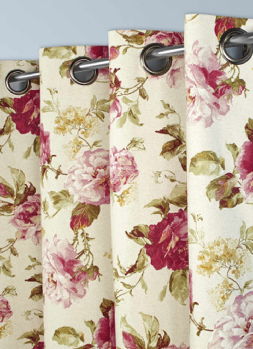 RIDEAU EN COTON ET LIN à MOTIFS FLEURS ROSE