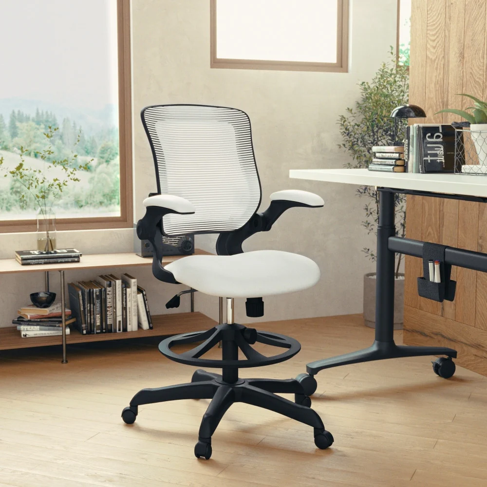 Mid-Back Mesh Ergonomic Drafting Chair with Foot Ring and Flip-Up Arms