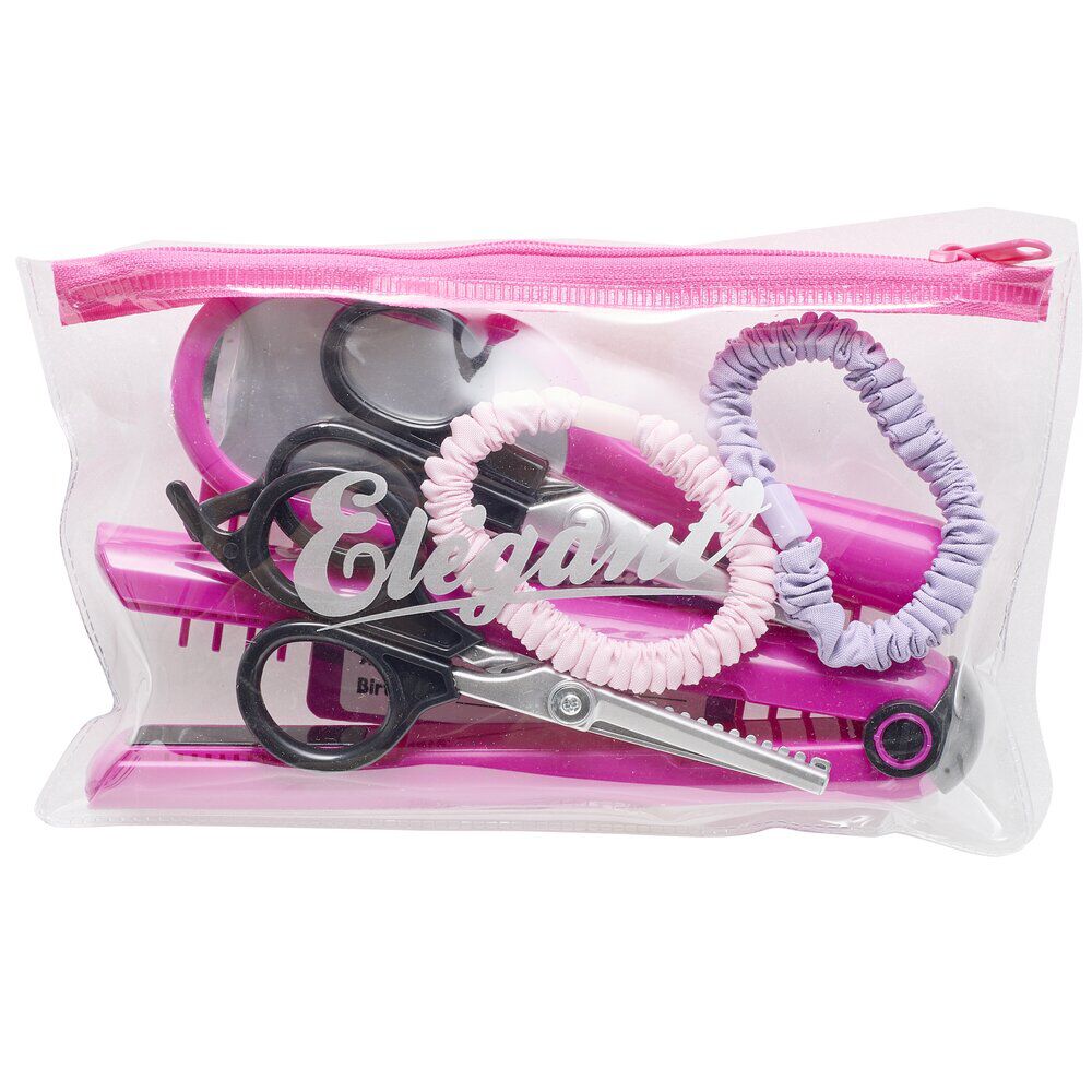 Set d'accessoires de coiffeuse 7 pièces avec trousse plastique rose