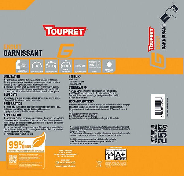 Enduit pour garnir en poudre Toupret 25kg