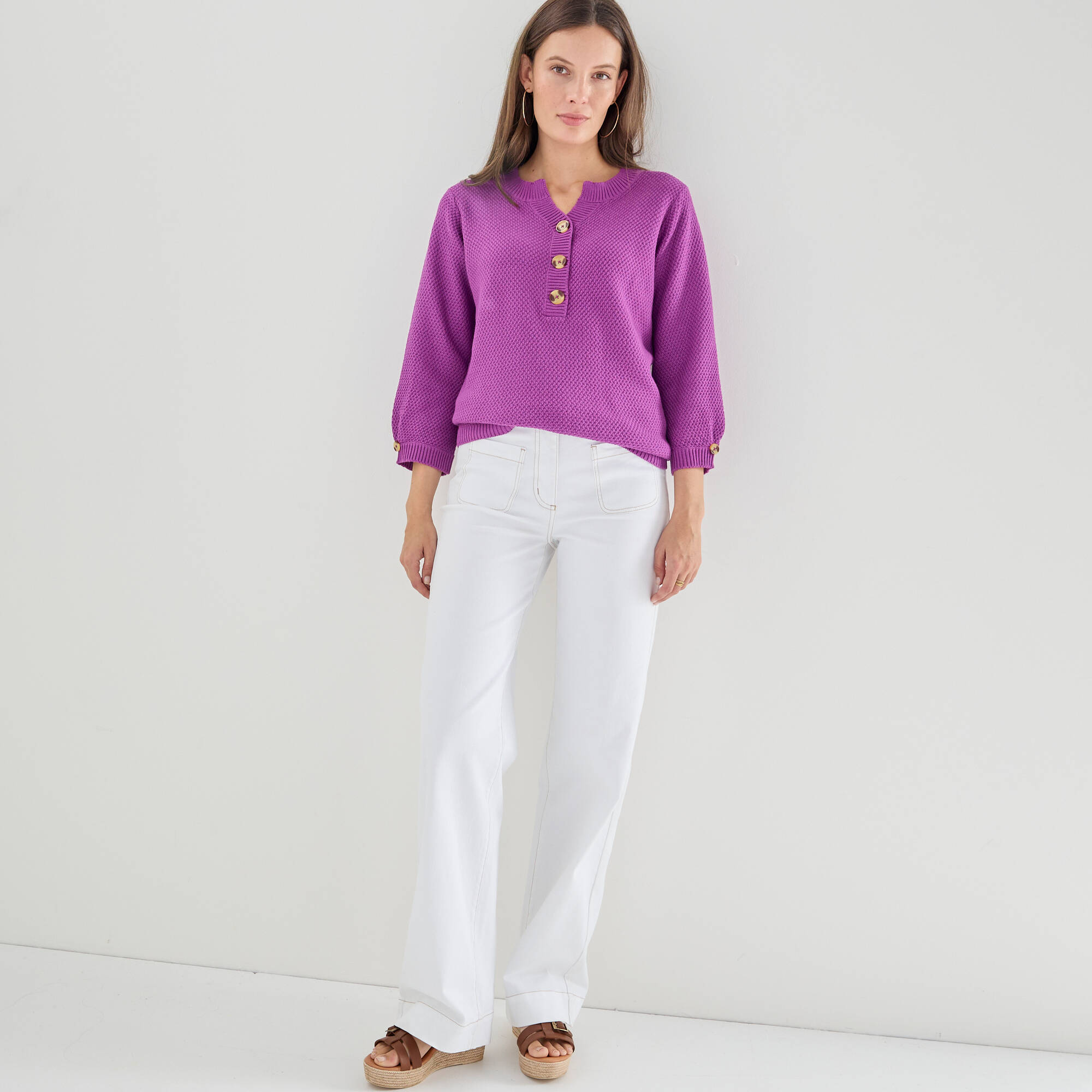 Pull col tunisien manches 3/4, maille fantaisie