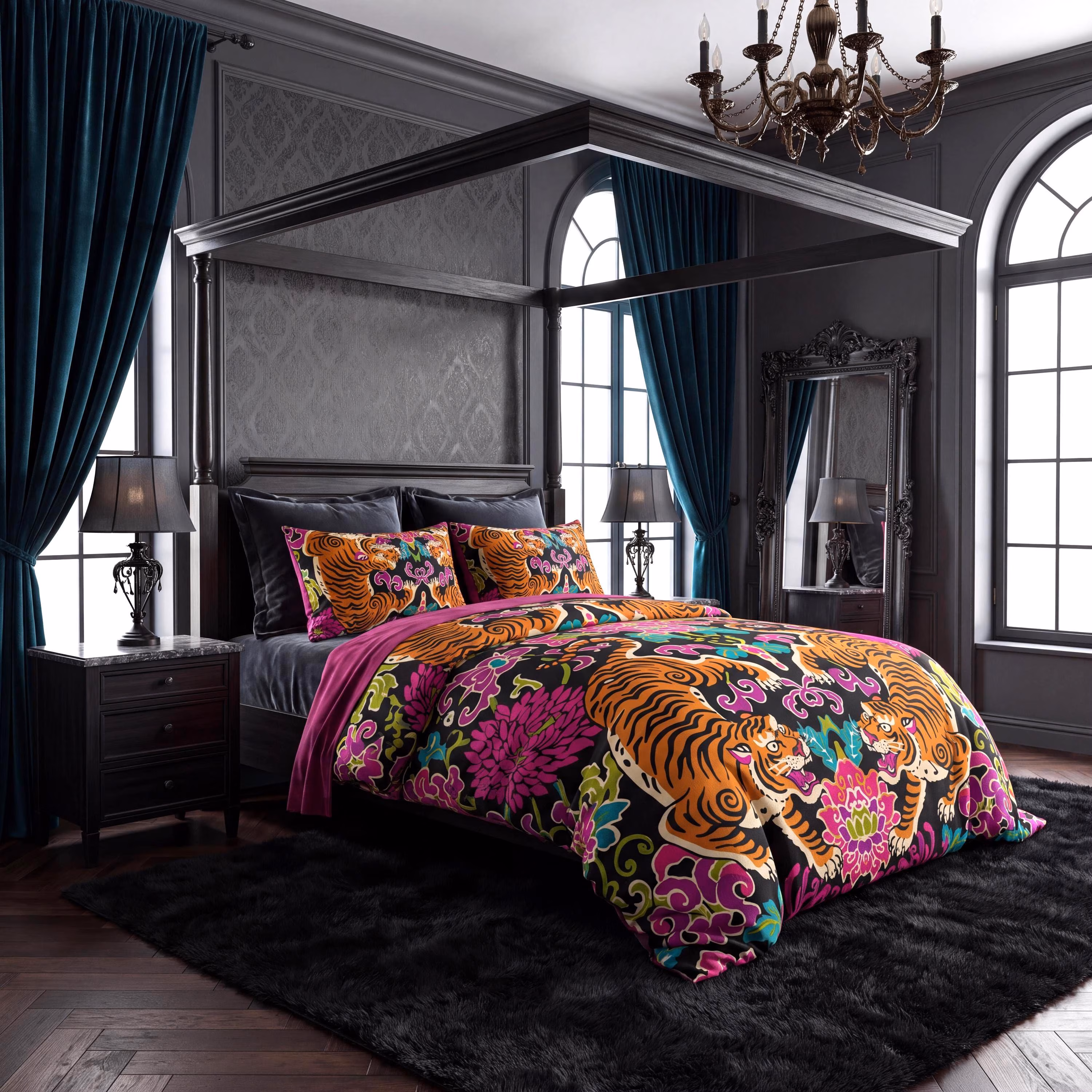 Tiger Chinoiserie Bedding | Maximalist Exotic Duvet Cover | Italian Cotton Sheet Set | Duvet Cover | Sheet Set
