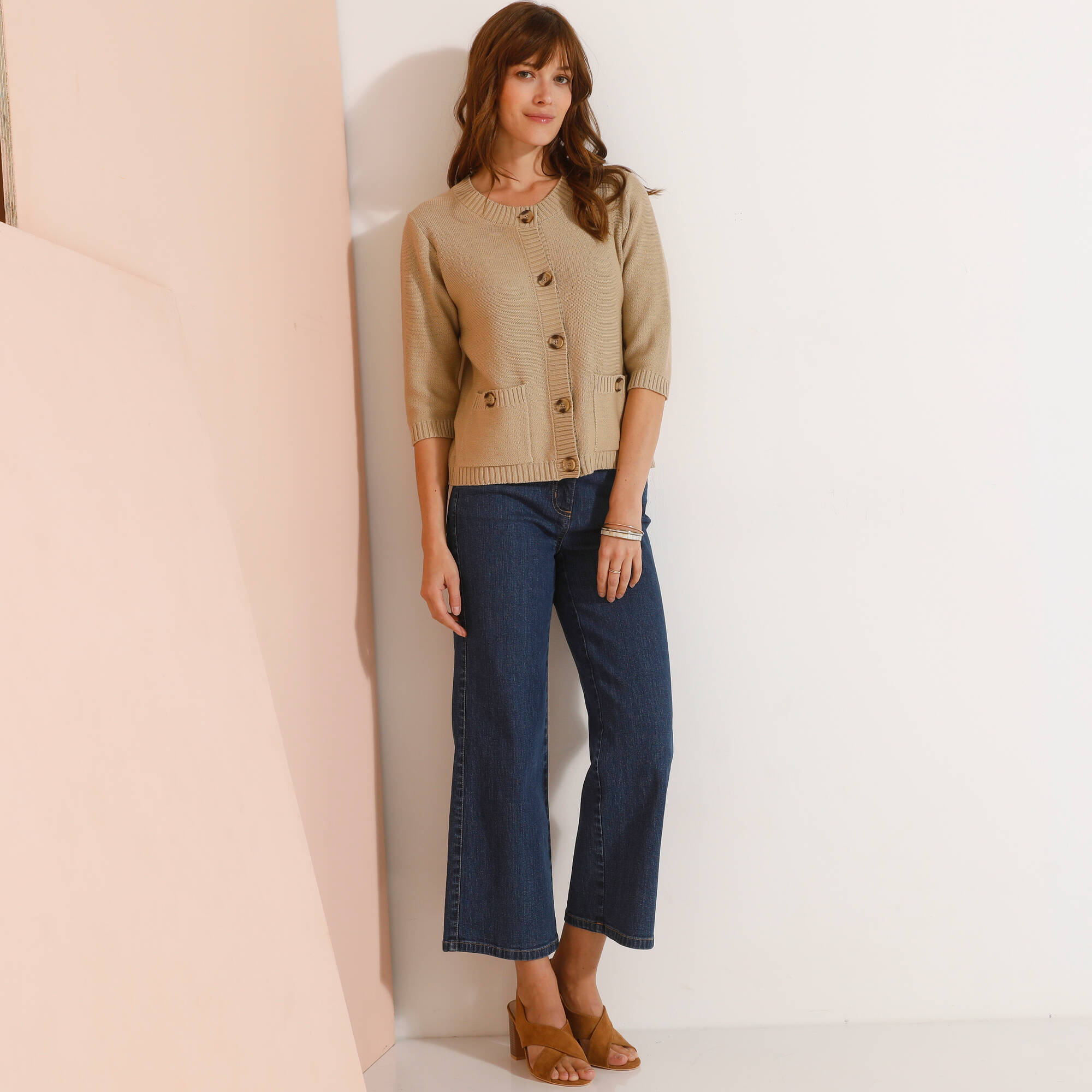 Cardigan boutonné à poches, manches coude