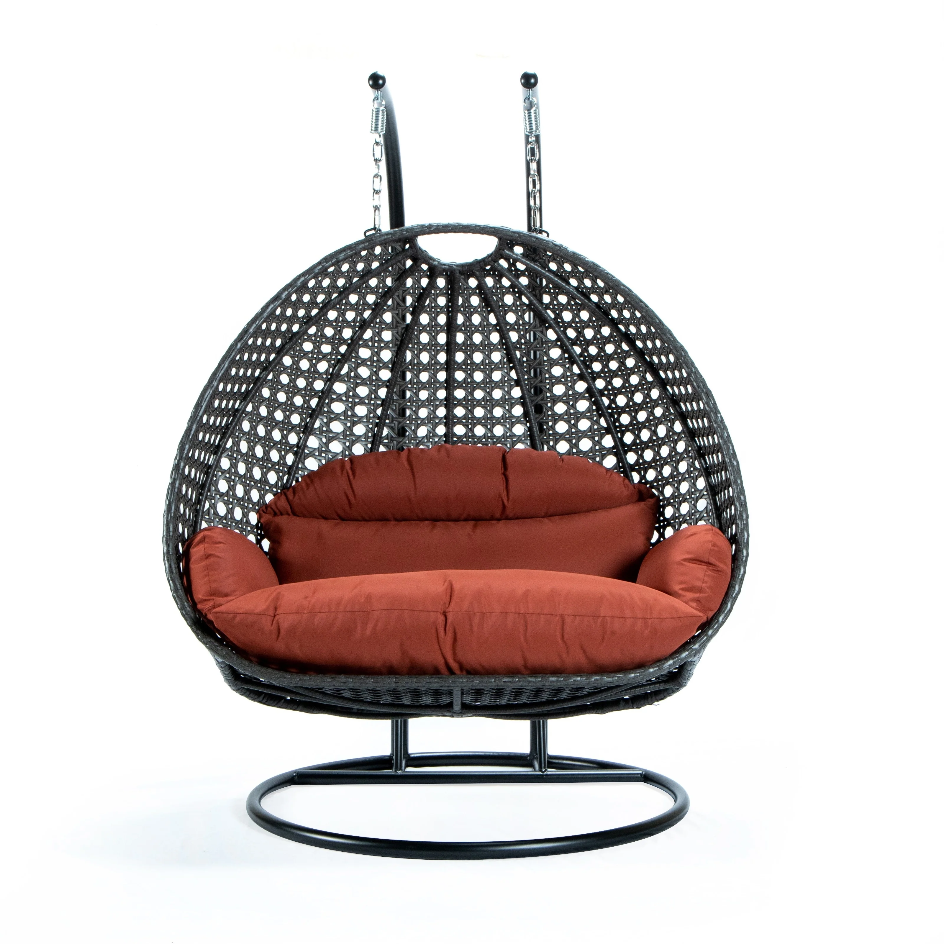 LeisureMod 2-Person Hanging Egg Swing Chair with Metal Stand - Handcrafted Charcoal Wicker, Patio Hammock Lounger with Cushions