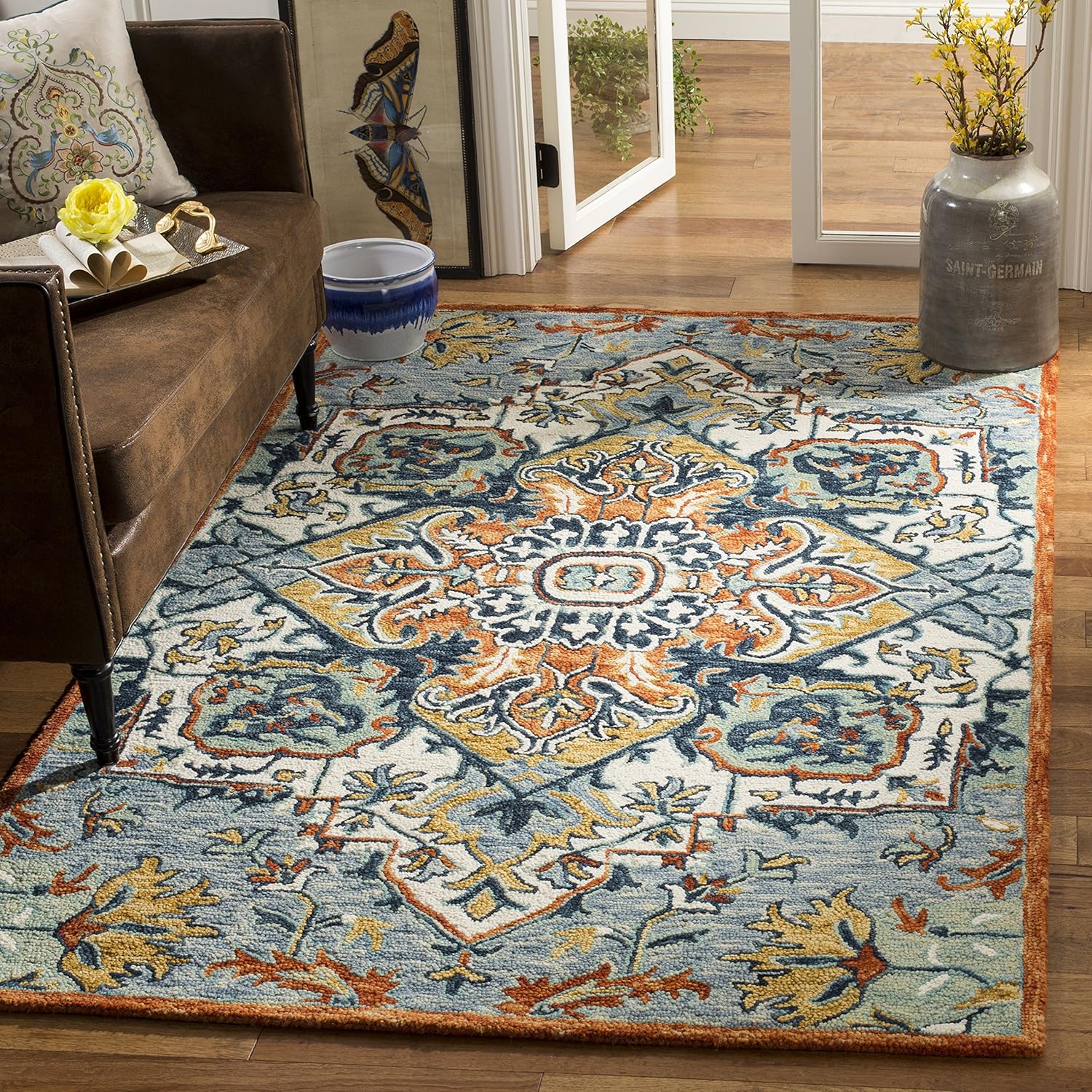 SAFAVIEH Aspen Collection Area Rug - 10' x 14', Blue & Rust, Handmade Boho Wool, Ideal for High Traffic Areas in Living Room, Bedroom (APN312A)