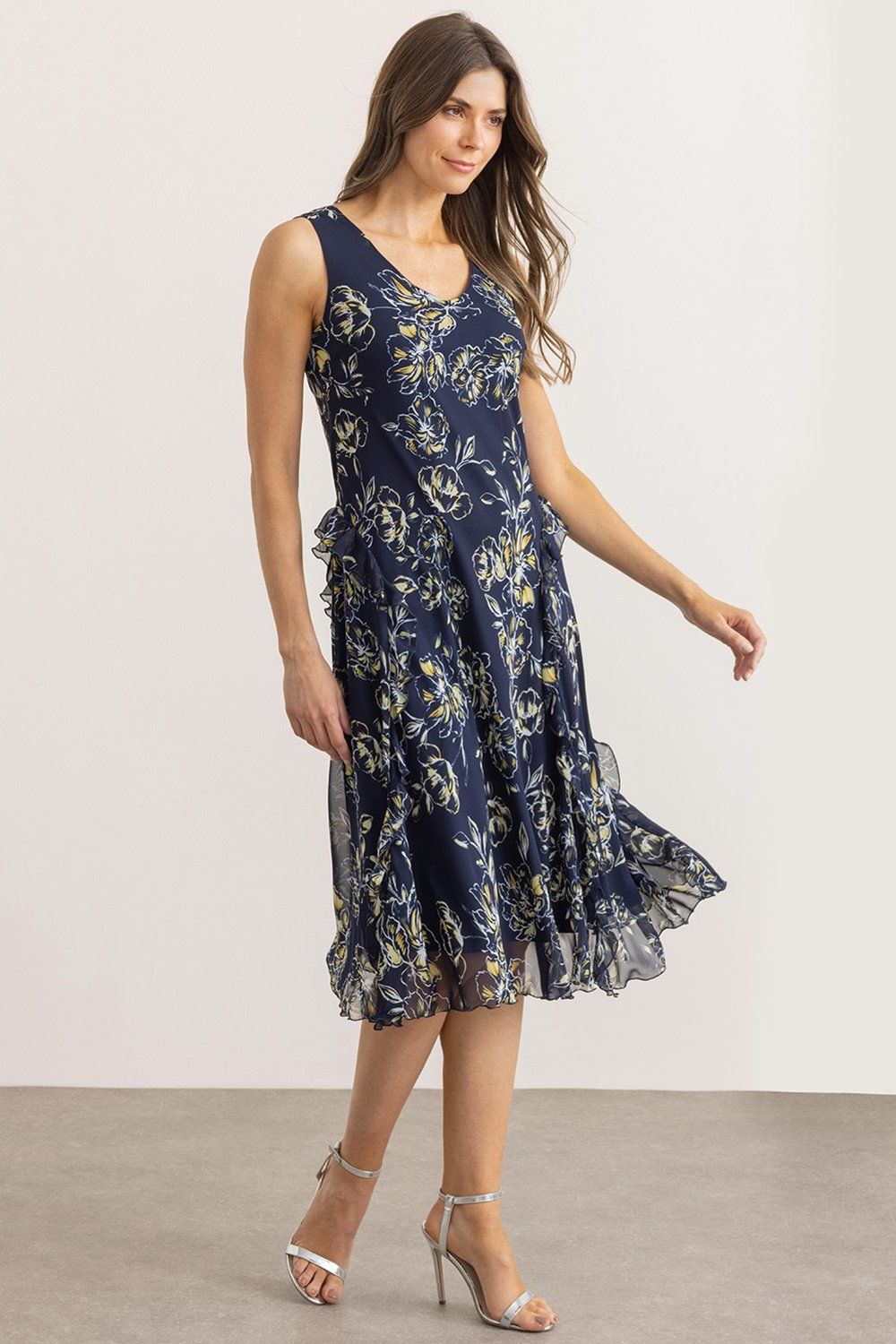 Klass. Bias Cut Floral Print Ruffle Midi Dress