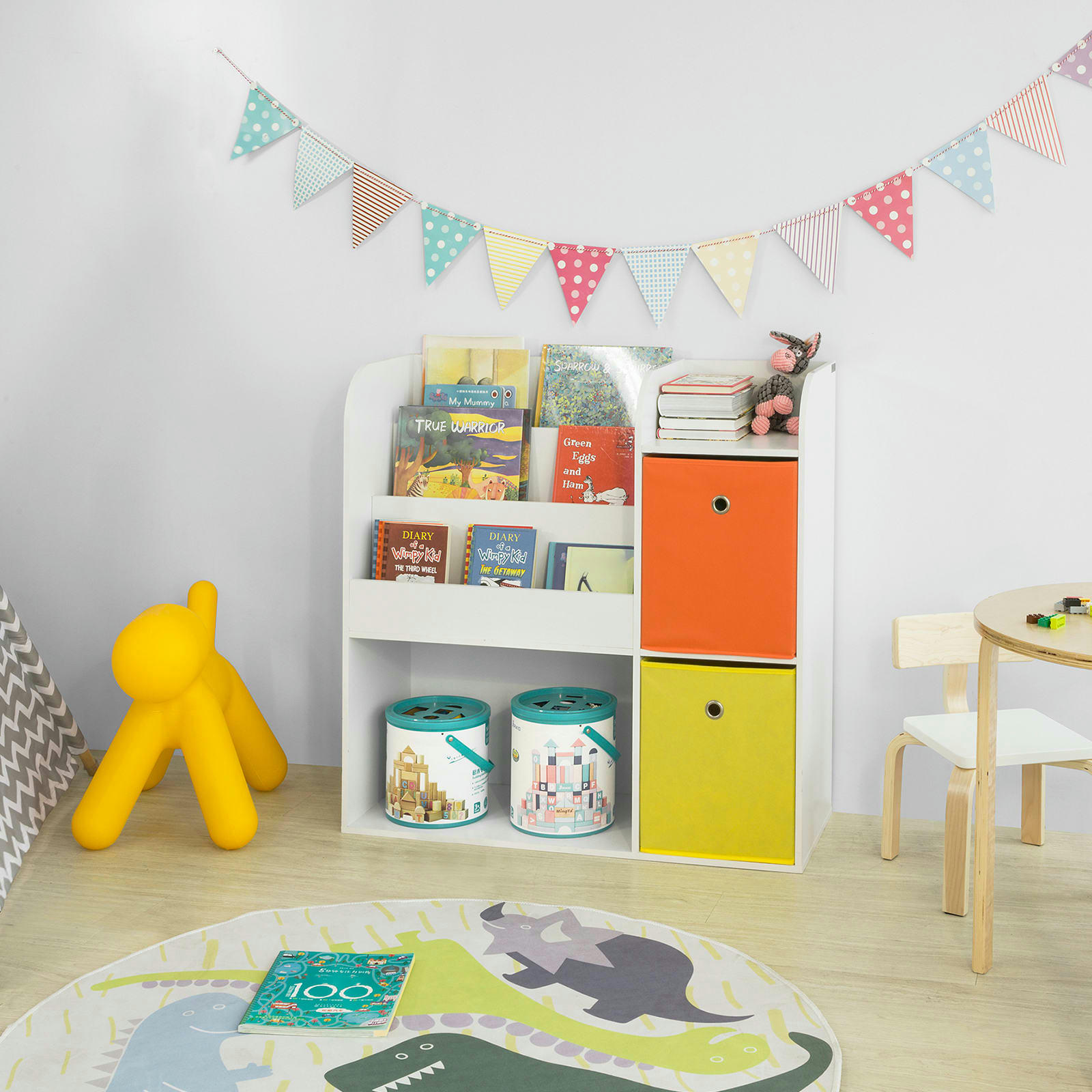 - Meuble de rangement pour enfants avec 2 paniers effet bois blanc
