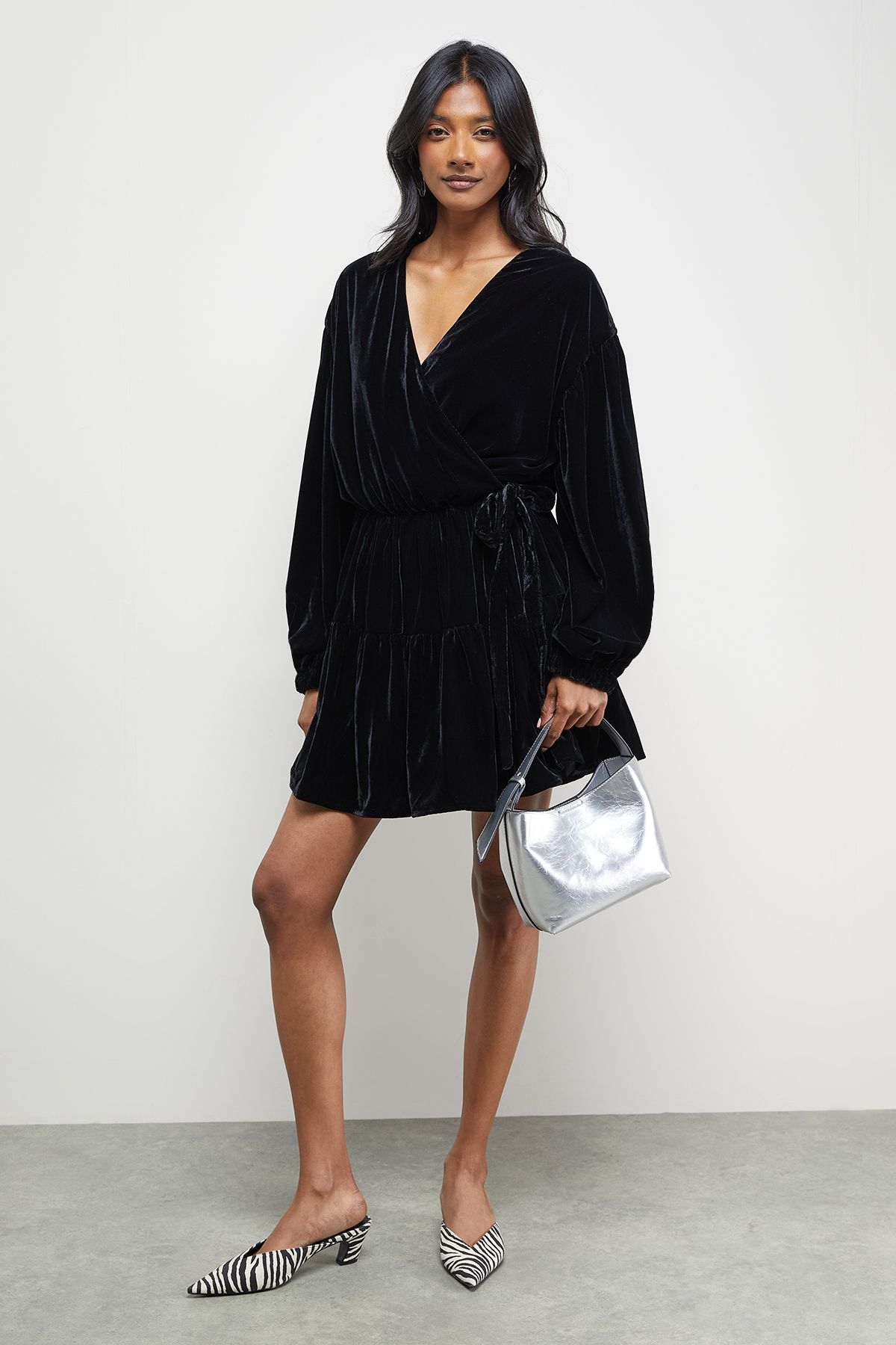 Warehouse Velvet Wrap Mini Smock Dress