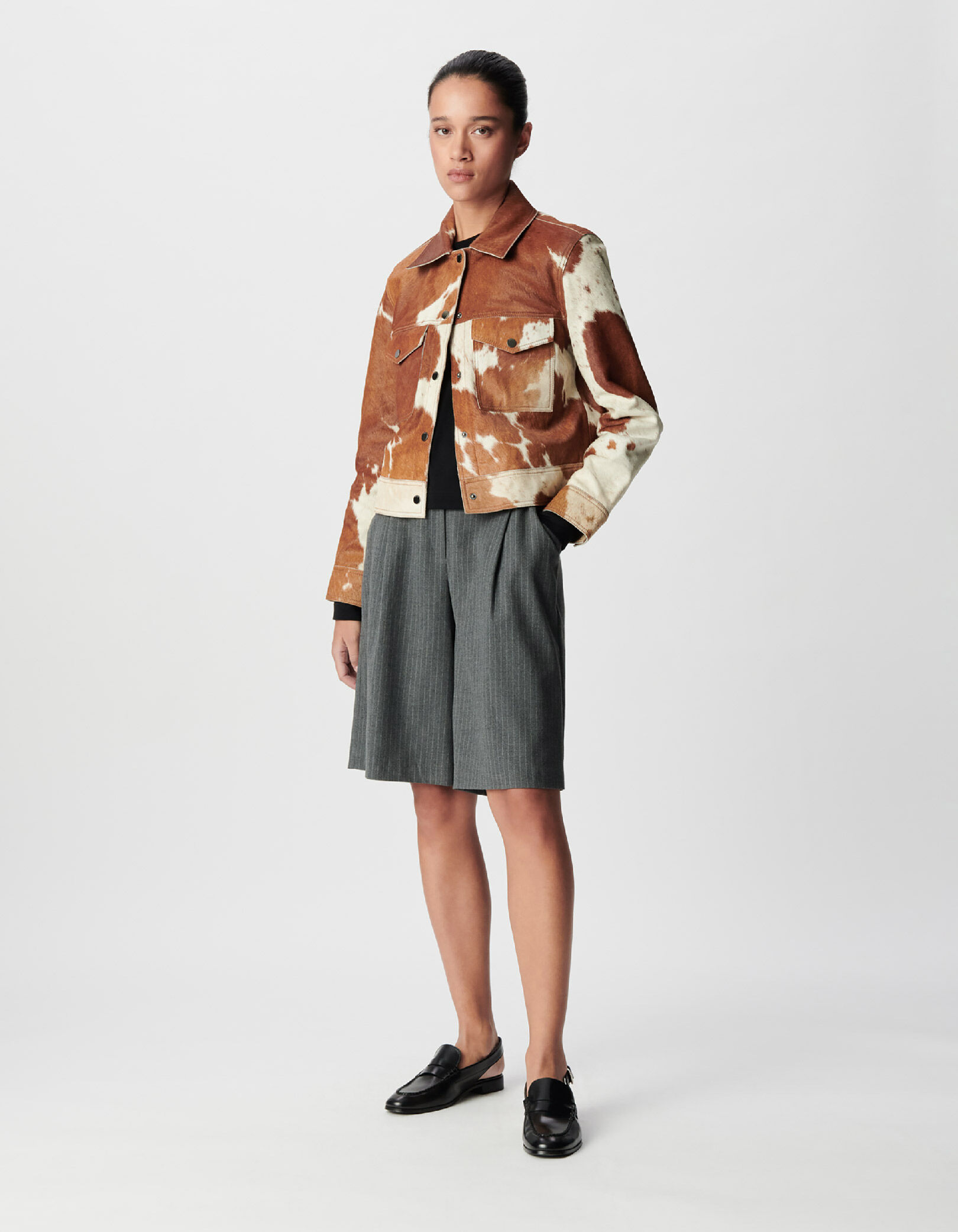 Veste courte en cuir marron motif vache Femme