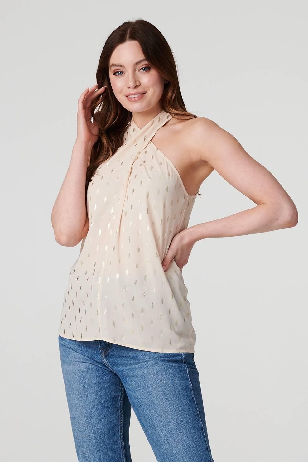 Izabel London Metallic Print Crossover Top