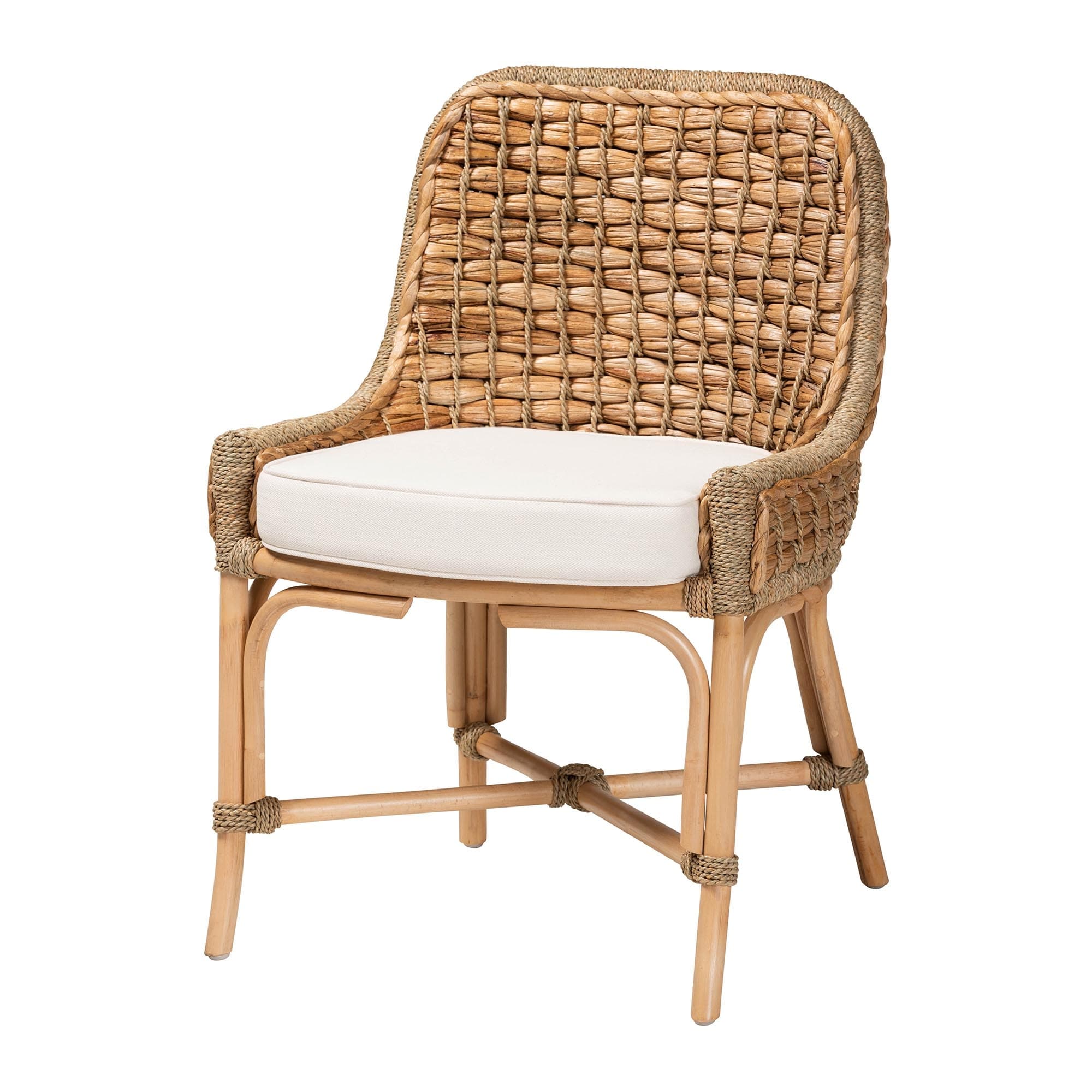 Kyle Bohemian Natural Brown Woven Rattan Dining Chair With Cushion