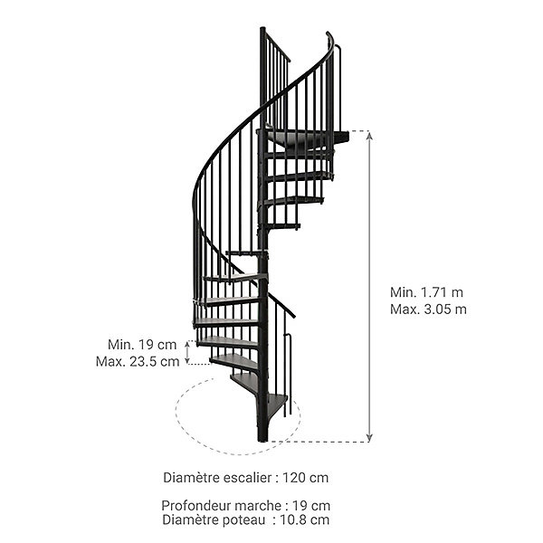 Escalier colimaçon métal 11 marches - Hauteur à franchir 2.09 à 2.59m - Diamètre 120cm - Structure noire et marche noir -