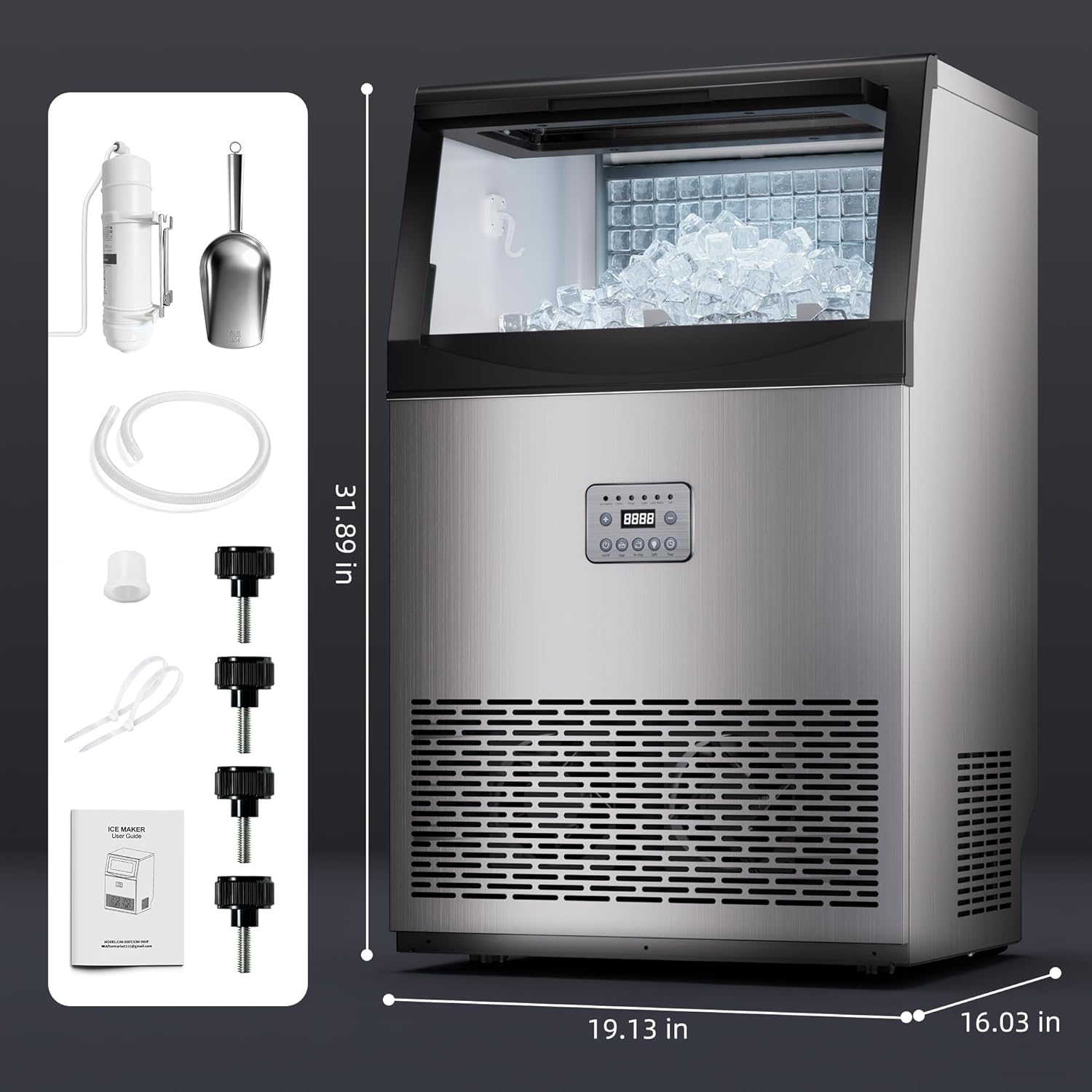 Commercial Ice Maker, 110lbs/24H, 33lbs Storage Ice Maker Machine for Business, 50 Cubes in 7-14Mins, Under Counter Ice Maker, Stainless Steel Ice Makers for Cafe Bar Restaurant Beverage Shops