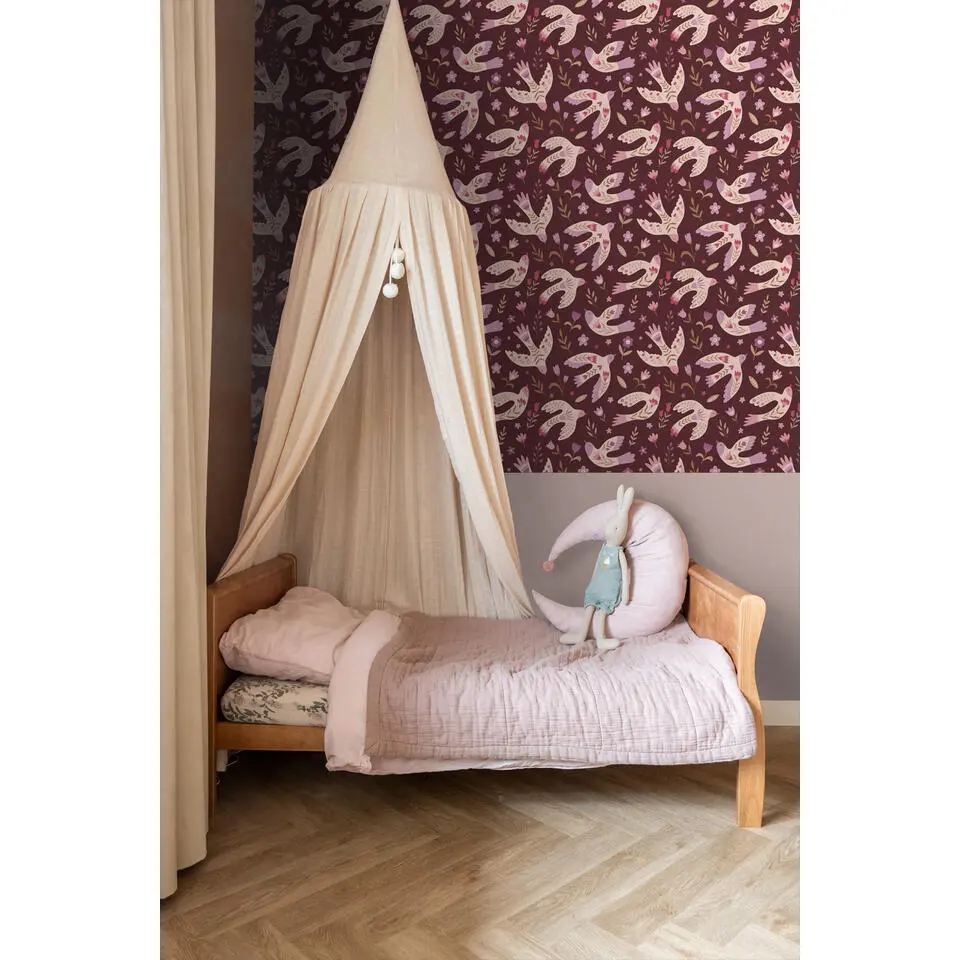 ESTAhome behang bloemen en vogels aubergine paars - 50 x 900 cm