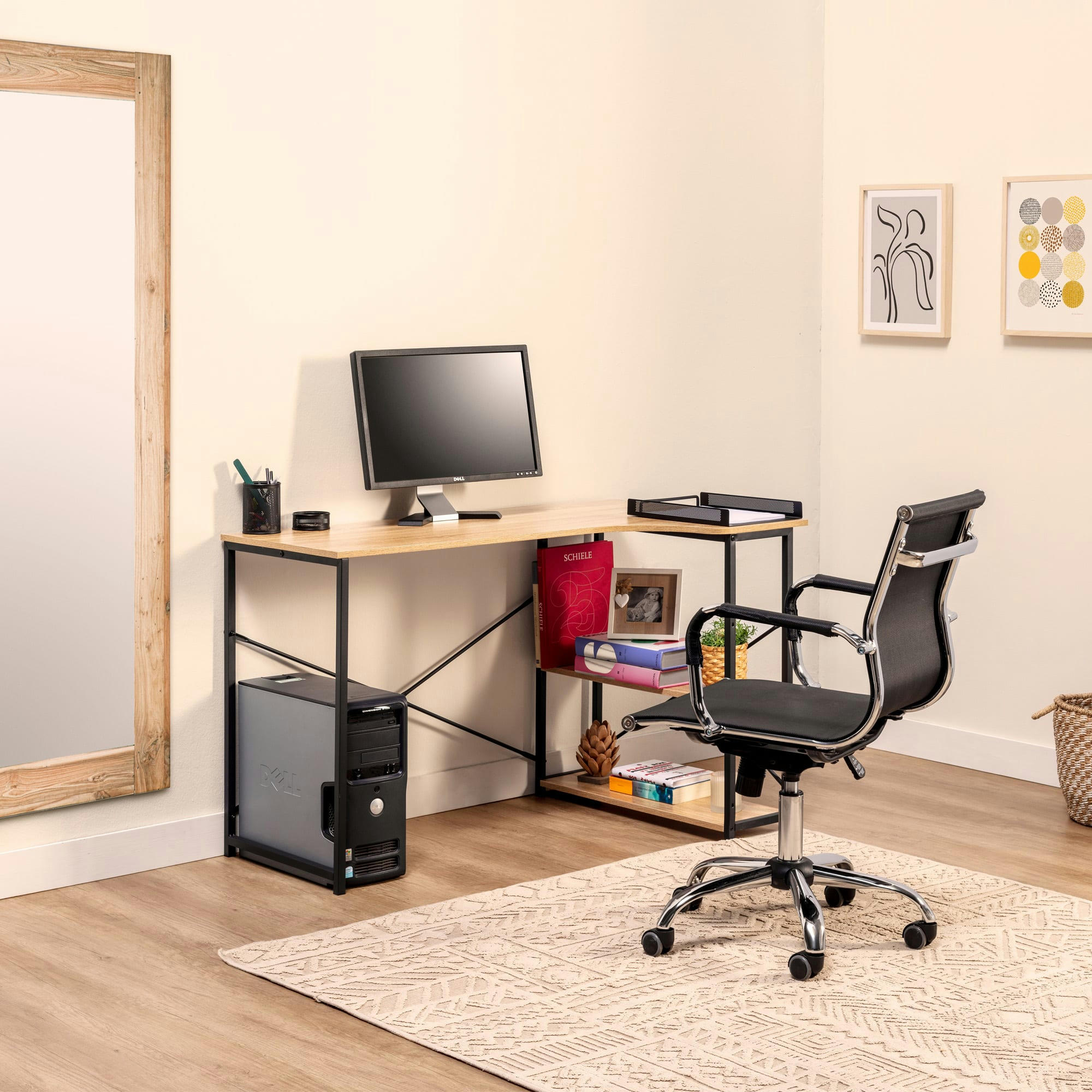 JUANI - Bureau noir, 2 étagères, style industriel, 120 cm longueur