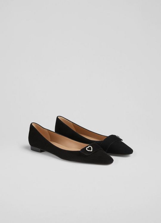 Amore Black Leather Heart Square Toe Flats
