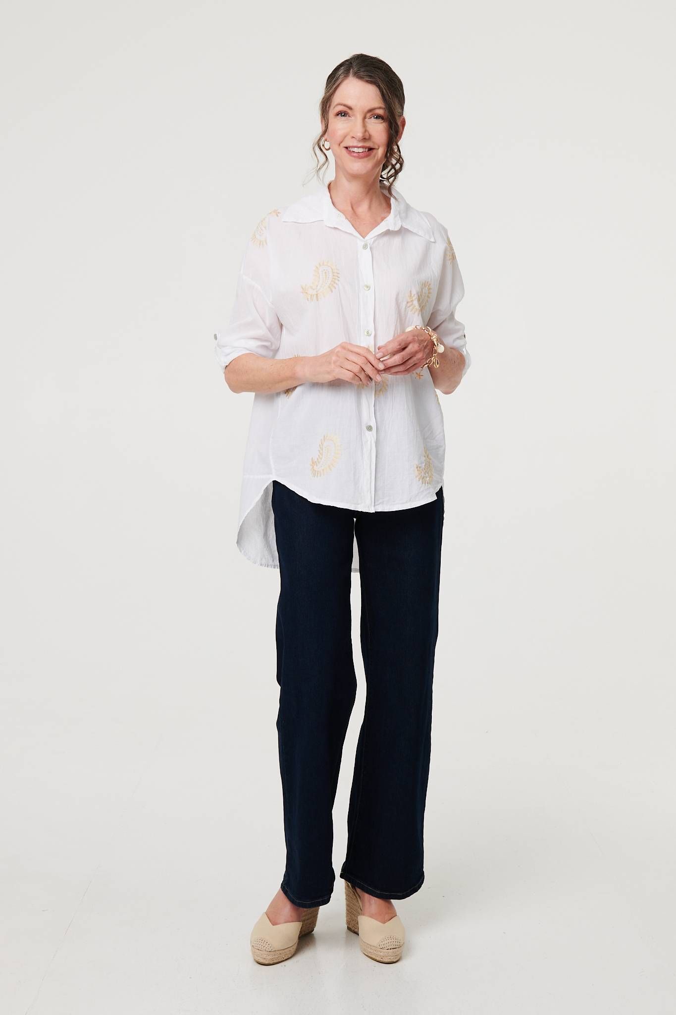 Izabel London Embroidered 3/4 Turn-Up Sleeve Shirt