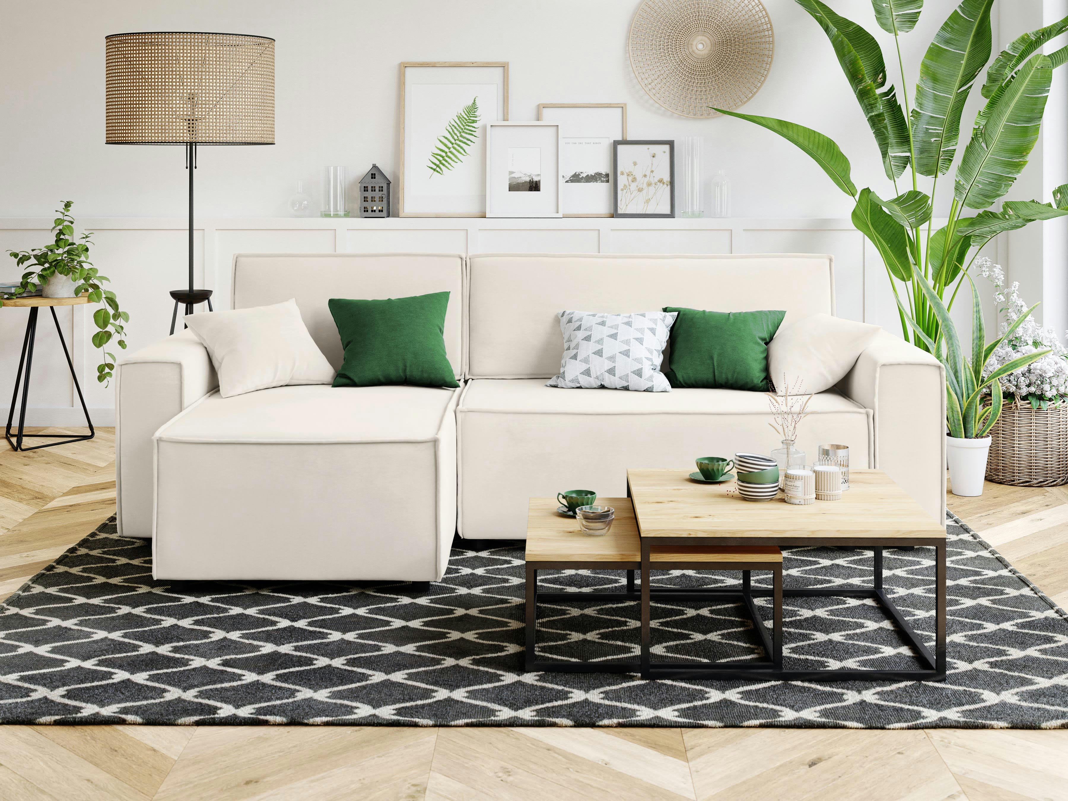 MIRA - Canapé d'angle convertible en velours 4 places beige