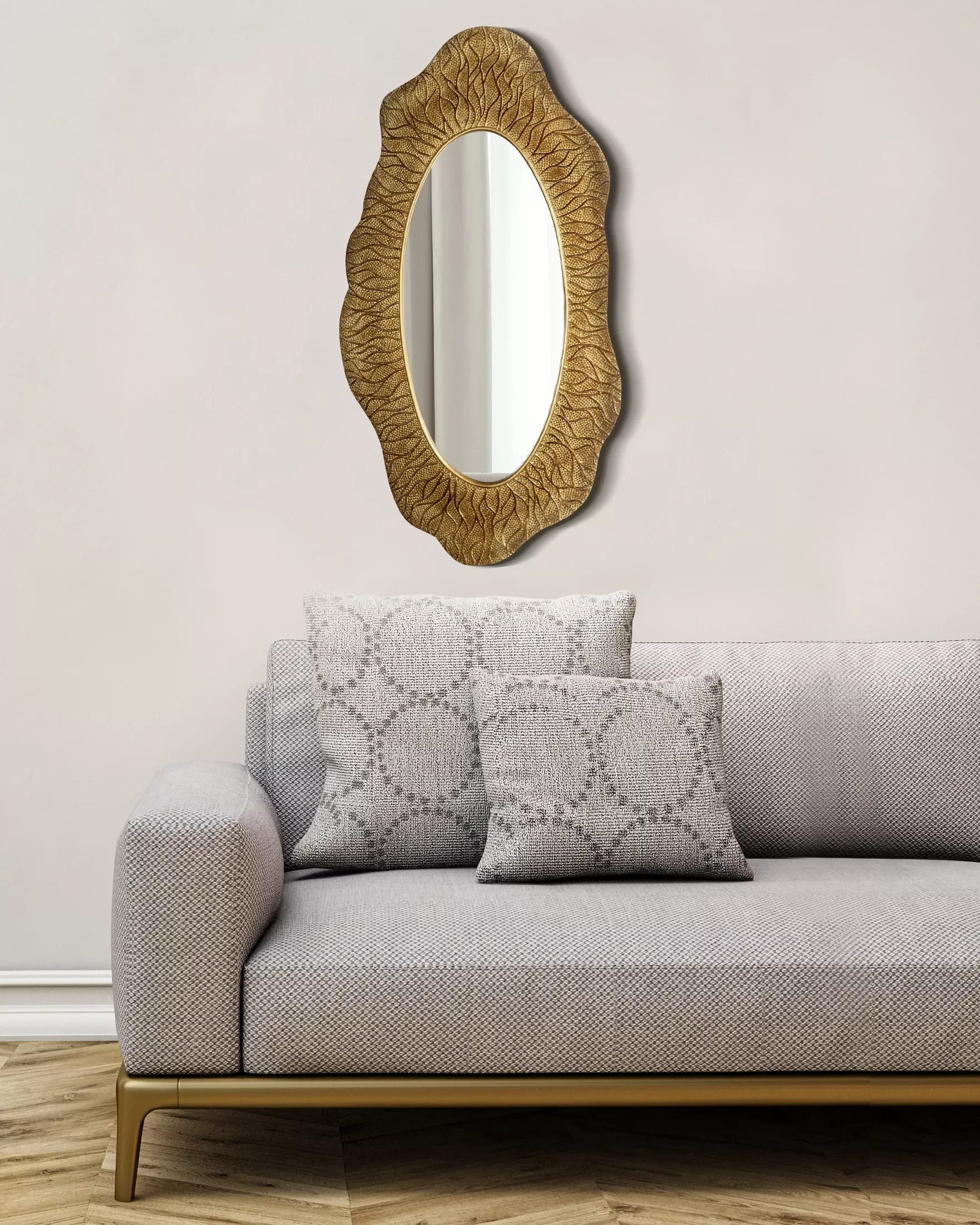 Lustro kremowe w ceramicznej złotej ramie z wytłoczeniami 52x4x98 cm