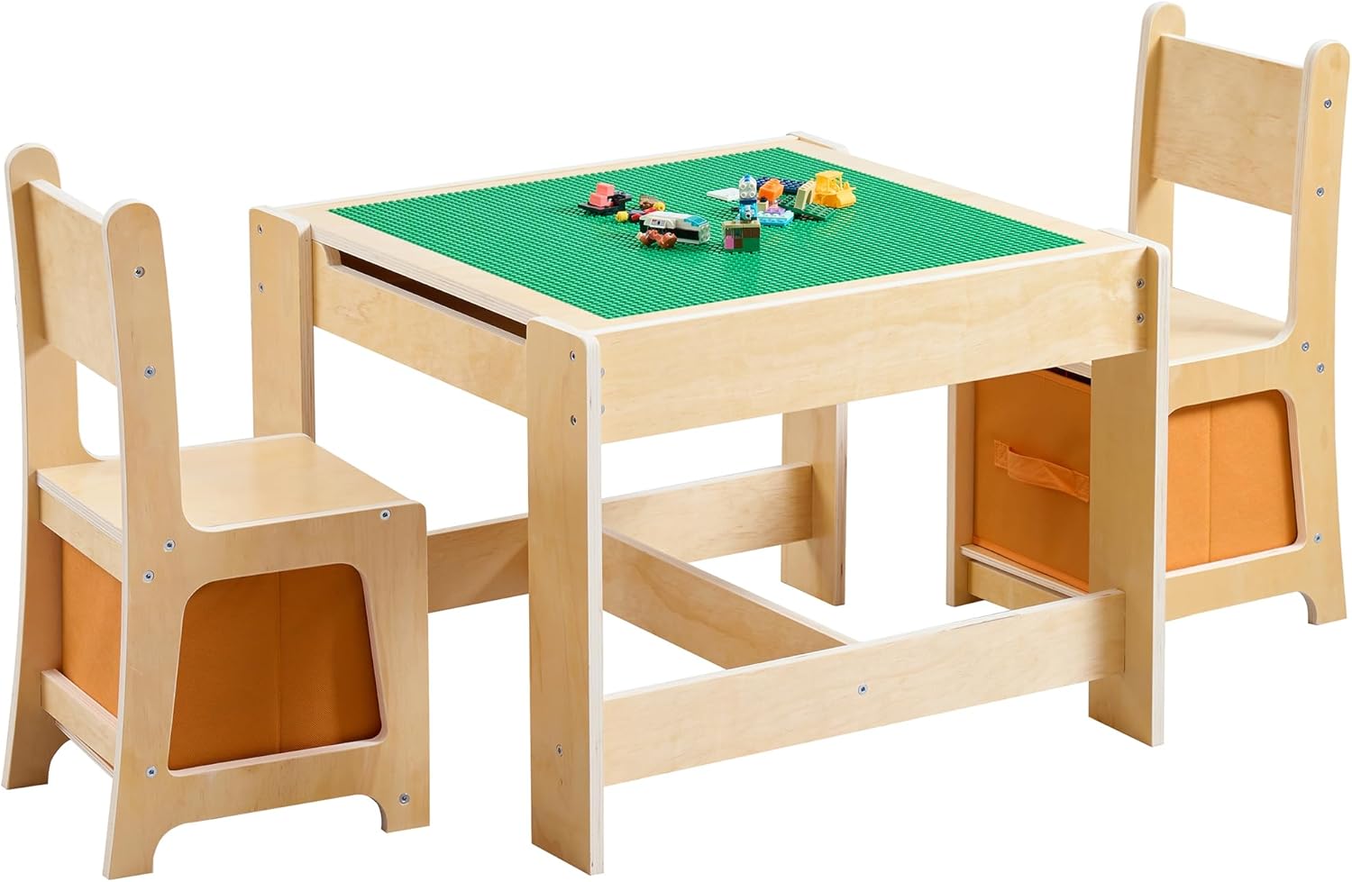 Wooden Kids Table and Chair Set, 3 in 1 Activity Table with Storage Drawer, 2 in 1 Detachable Tabletop Construction Play Table Set for Drawing, Reading