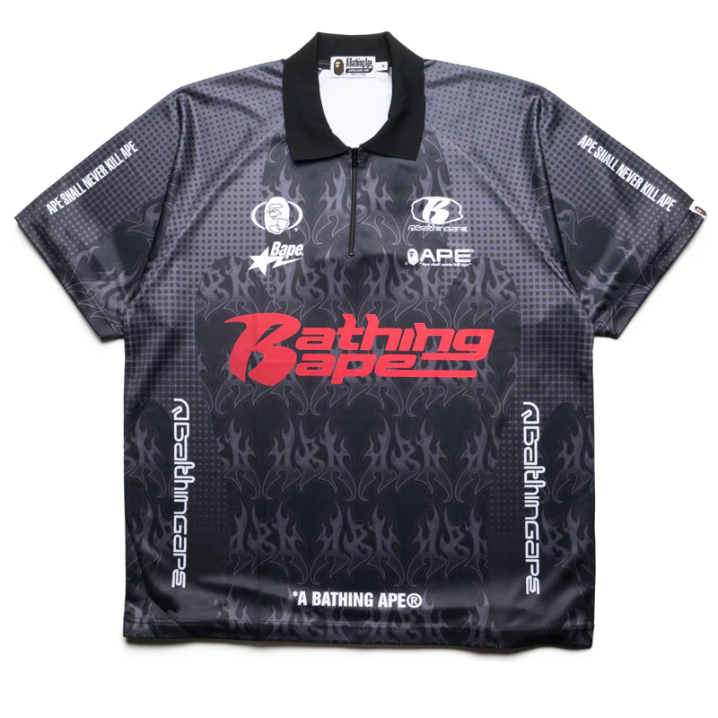 A Bathing Ape Flame Pattern Half Zip Polo Shirt - Black