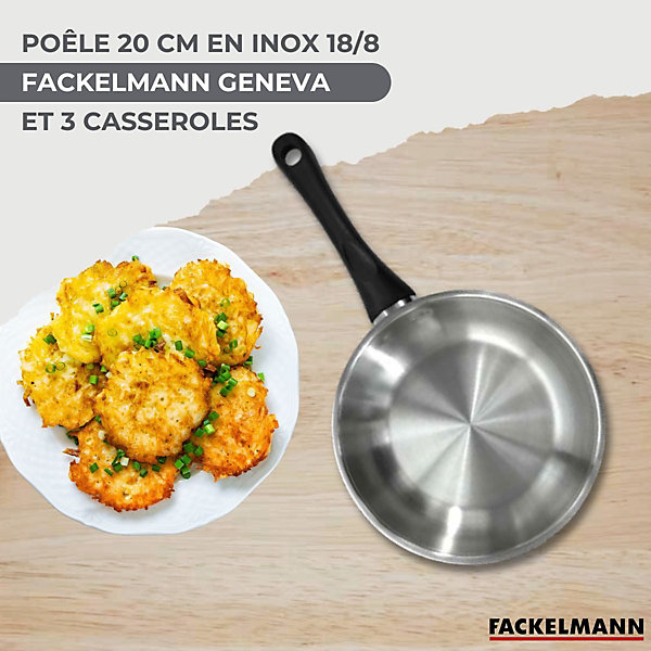 Lot 1 Poêle 20cm et 3 Casseroles 12/16/20cm Fackelmann Généva avec 5 ustensiles