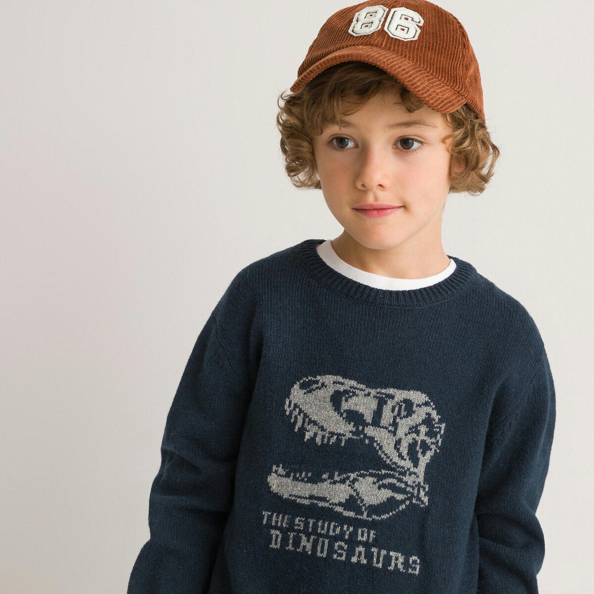 Pull col rond en fine maille, motif dinosaure