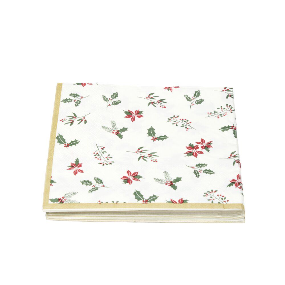 Serviette en papier 3 plis X20 pcs imprimé houx L33X33 cm blanc liseré doré