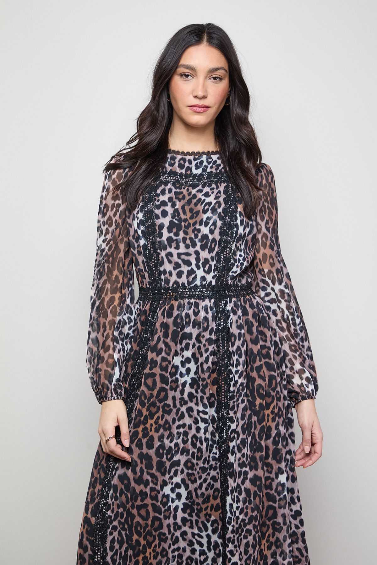 Oasis Printed Lace Trim Balloon Sleeve Midi Smock Dress