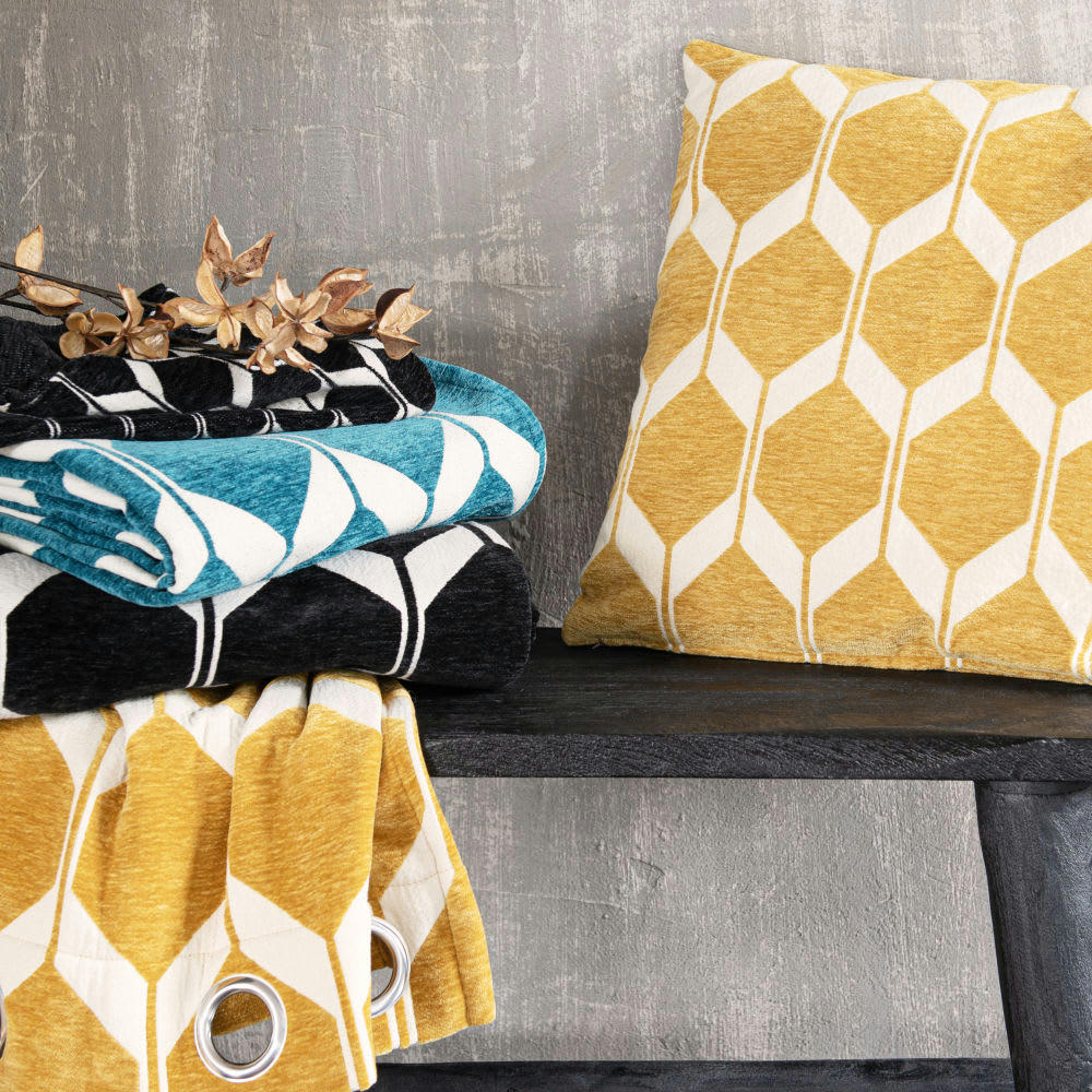 ASTON - Rideau à œillets en velours noir motifs jacquard à l'unité 140x300