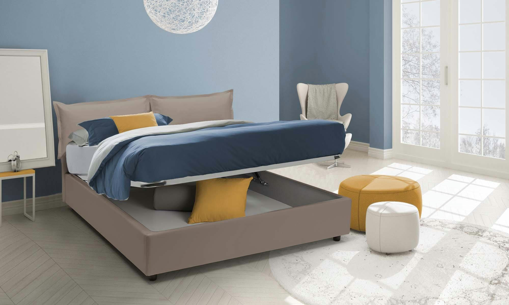 DIKONE - Lit coffre 140x190 cm en éco-cuir gris taupe
