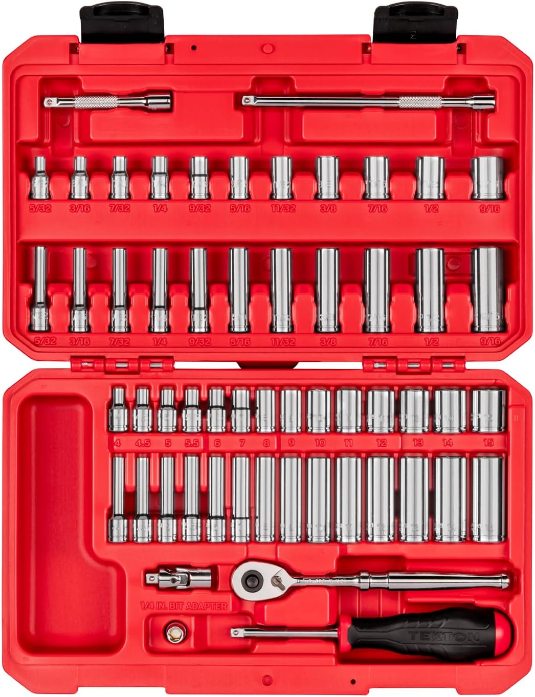 TEKTON 1/4 Inch Drive 6-Point Socket and Ratchet Set with Case, 56-Piece (5/32-9/16 in., 4-15 mm) | SKT05303