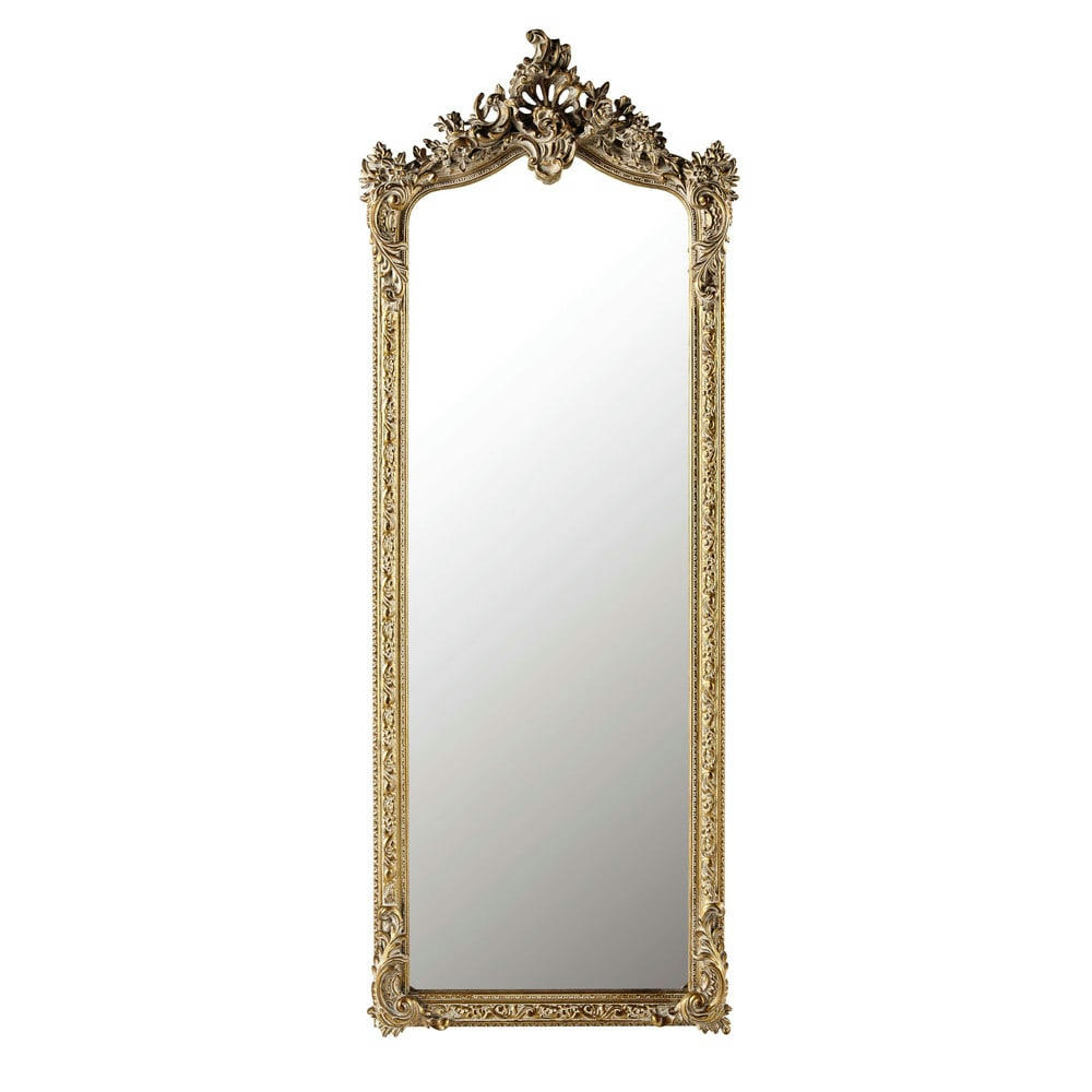 VOLTAIRE - Grand miroir rectangulaire à moulures en résine dorée 64x168