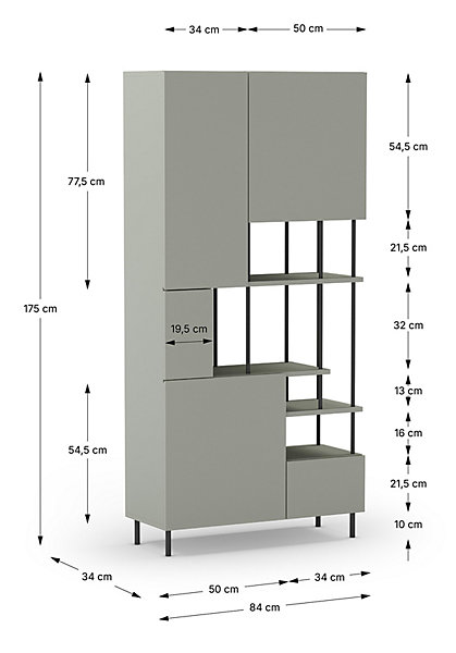 Etagère haute, meuble étagère avec 5 portes aspect bois coloris Vert, pieds en métal noir- L. 84 x P. 34 x H. 175 cm