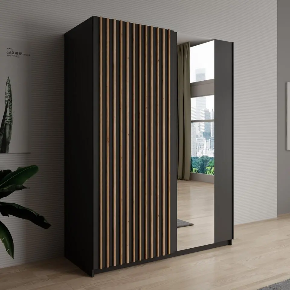 Meubella - Kledingkast Deliryon - Zwart - 150 cm - Met spiegel